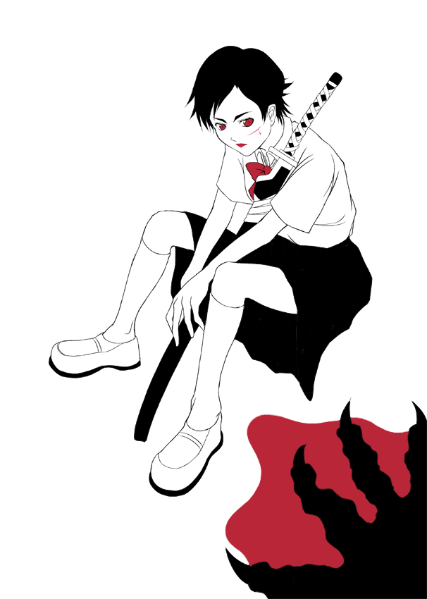 sutein, otonashi saya, blood+, 00s, black hair, blood, katana, red eyes, school uniform, serafuku, short hair, solo, sword, weapon