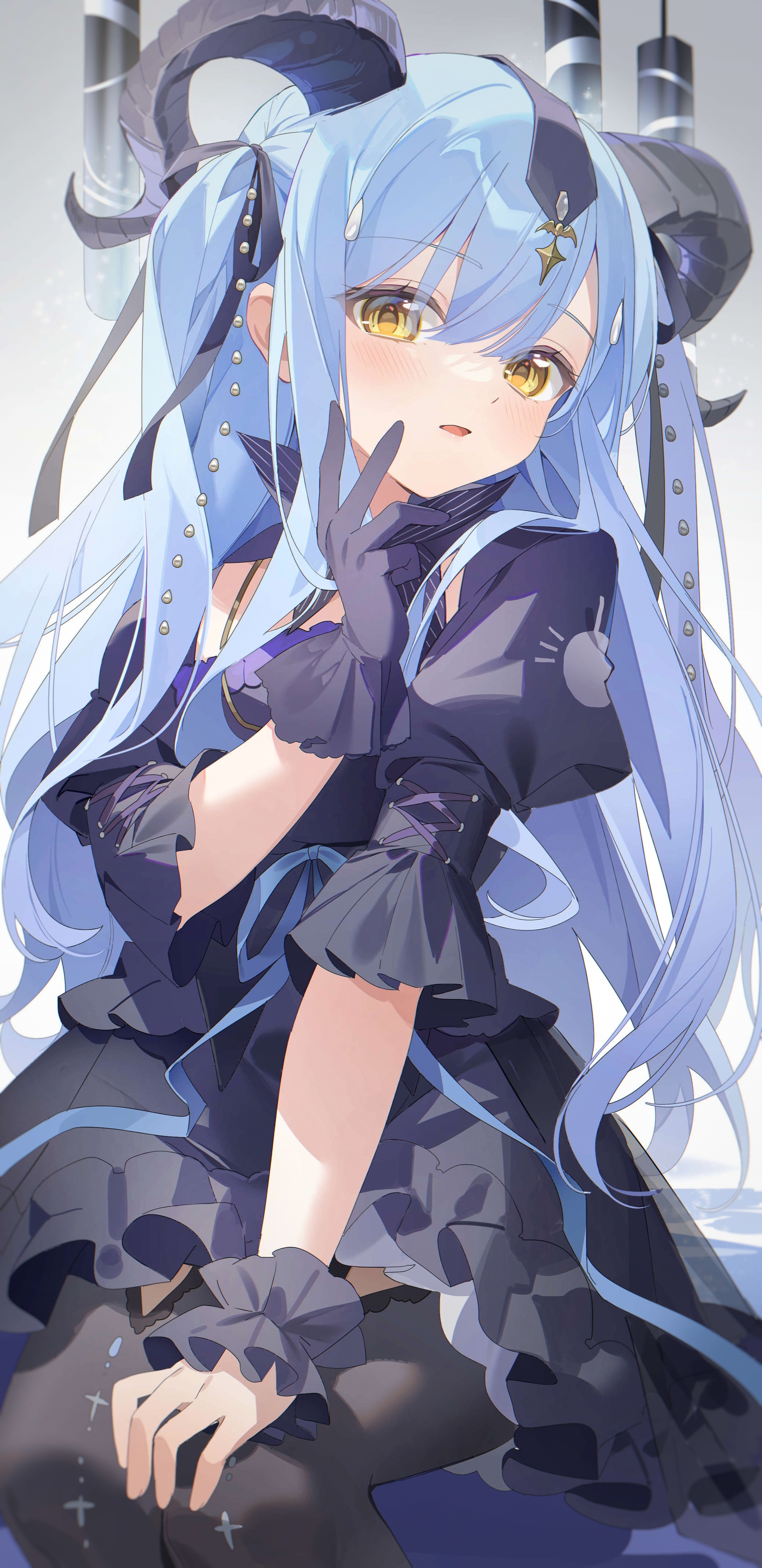 yunweishukuang, togawa sakiko, arknights, bang dream!, bang dream! it's mygo!!!!!, absurdres, chinese commentary, commentary request, highres, 1girl, black dress, black gloves, black horns, black ribbon, black thighhighs, blue hair, cowboy shot, curled horns, detached collar, dress, frilled dress, frills, gloves, gradient background, hair between eyes, hair ribbon, hand on own knee, hand up, horns, long hair, looking at viewer, open mouth, puffy short sleeves, puffy sleeves, ribbon, short sleeves, sidelocks, single glove, sitting, solo, thighhighs, togawa sakiko (master of melodia), two side up, yellow eyes