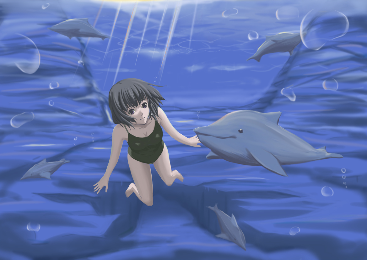 sutein, original, 1girl, breasts, bubble, cleavage, dolphin, female focus, freediving, one-piece swimsuit, purple eyes, short hair, small breasts, solo, swimsuit, underwater, water