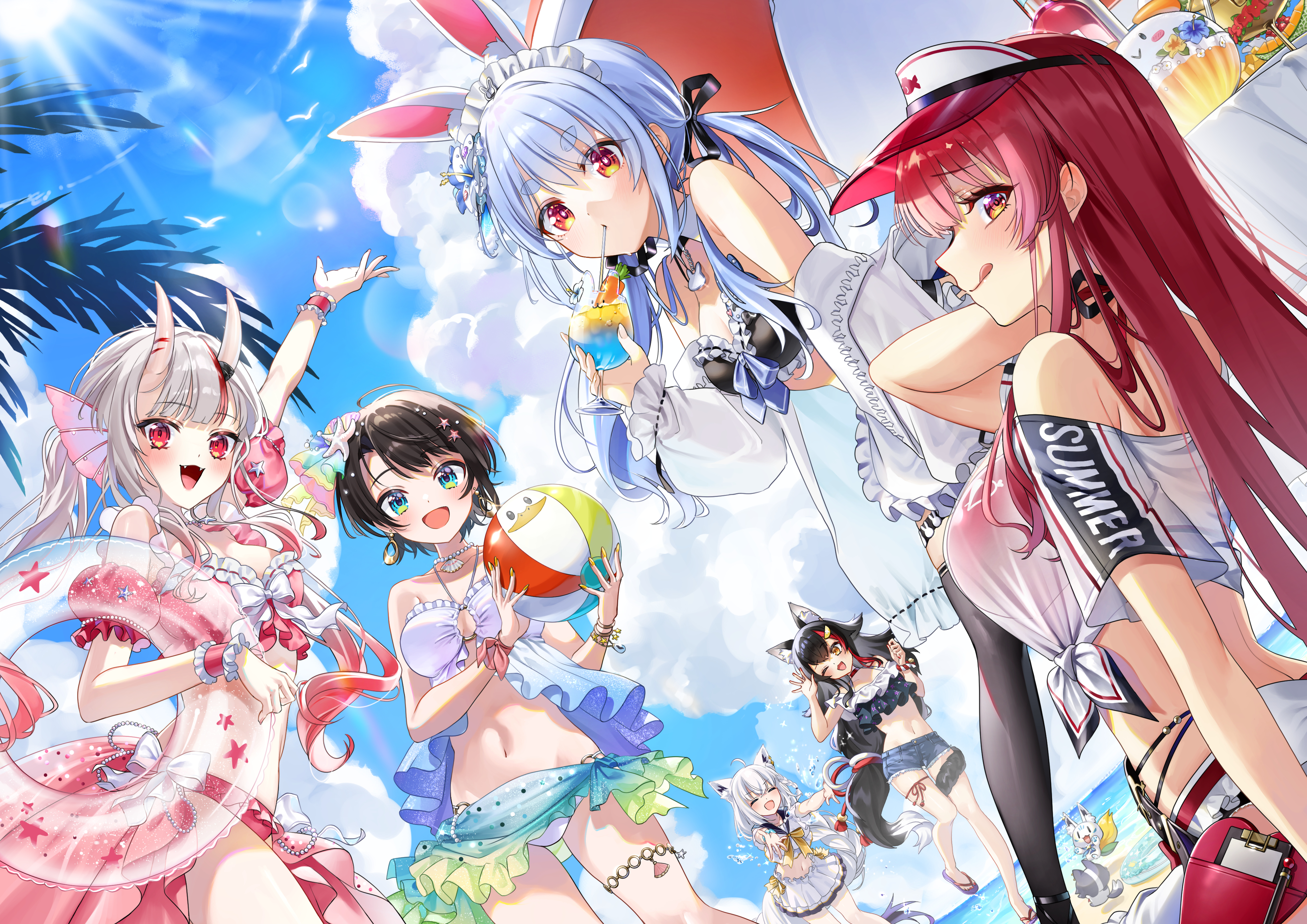 saika usagi, houshou marine, houshou marine (holonatsu paradise), nakiri ayame, nakiri ayame (holonatsu paradise), ookami mio, ookami mio (holonatsu paradise), oozora subaru, oozora subaru (holonatsu paradise), shirakami fubuki, shirakami fubuki (holonatsu paradise), usada pekora, usada pekora (holonatsu paradise), hololive, holonatsu paradise, absurdres, highres, 6+girls, animal ears, apron, beach, bikini, black bikini, blue hair, blue sky, blush, bracelet, breasts, cleavage, cloud, cloudy sky, cocktail glass, cup, day, drinking glass, earrings, food, frayed shorts, frilled bikini, frilled cuffs, frills, hair between eyes, hair ornament, halterneck, happy, heterochromia, holding, holding cup, holding swim ring, innertube, jewelry, large breasts, licking lips, long hair, looking at viewer, maid, maid bikini, maid headdress, multicolored hair, multiple girls, navel, necklace, ocean, official alternate costume, open mouth, outdoors, palm leaf, palm tree, rabbit ears, rabbit girl, red bikini, red hair, running, sarong, see-through clothes, shirt, short hair, sky, smile, standing, stomach, streaked hair, summer, swept bangs, swim ring, swimsuit, table, tail, tail around own leg, tongue, tongue out, tree, twintails, unconventional maid, virtual youtuber, visor cap, white bikini, wolf ears, wolf girl, wolf tail, wrist cuffs