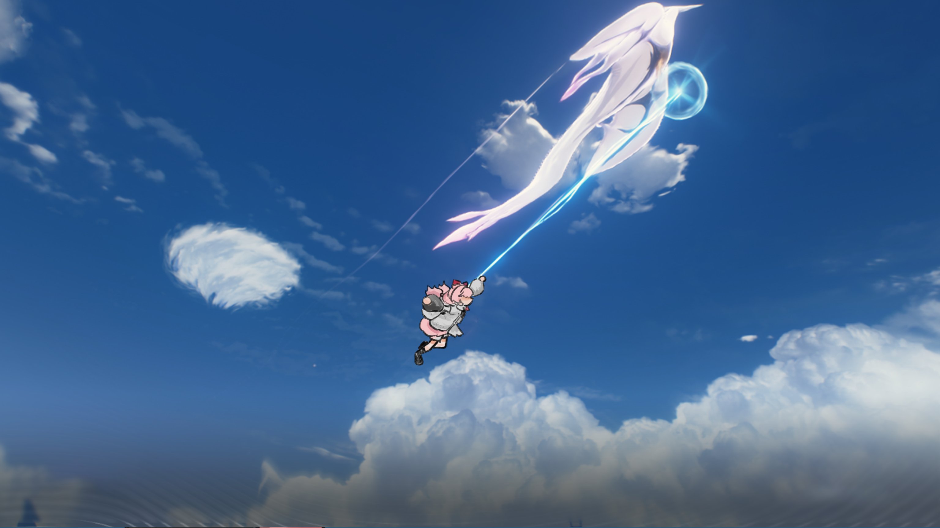 lennykaise, encore (wuthering waves), wuthering waves, commentary, english commentary, highres, 1girl, cloud, dress, from side, game screenshot background, grappling hook, pink hair, screenshot background, solo, tacet discord (wuthering waves), white dress, wide shot
