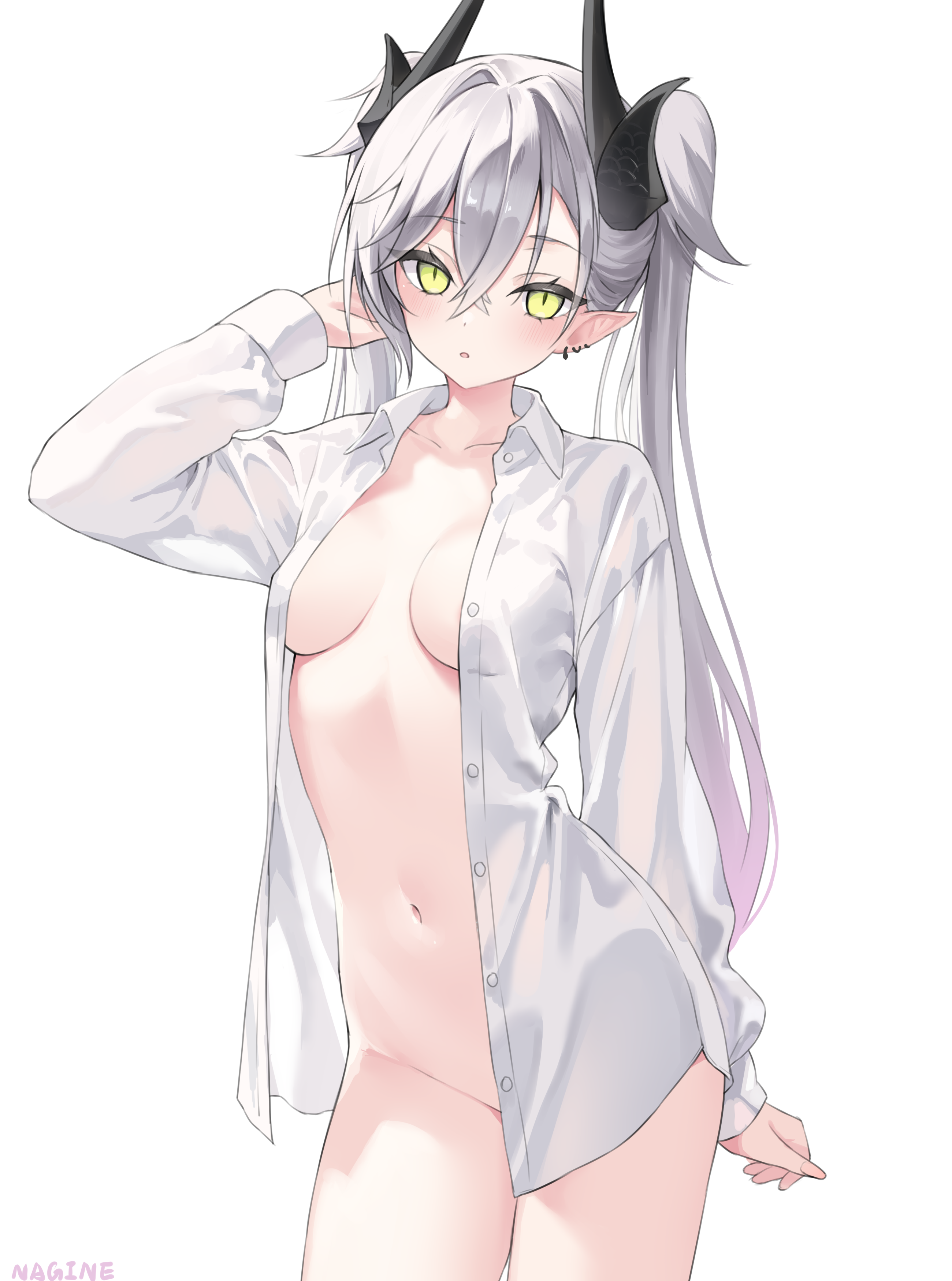nagine, lilith (fate), fate/grand order, fate (series), absurdres, highres, 1girl, :o, artist name, blush, body markings, breasts, collared shirt, cowboy shot, crossed bangs, demon girl, demon horns, dress shirt, earrings, green eyes, grey hair, hair between eyes, hand in own hair, hand up, horns, jewelry, long hair, looking at viewer, medium breasts, naked shirt, navel, no panties, no tattoo, parted lips, pointy ears, shirt, simple background, slit pupils, solo, standing, stomach, twintails, white background, white shirt