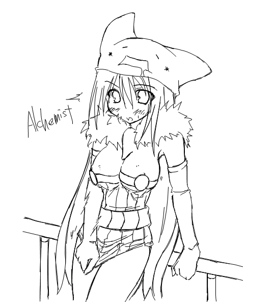 kaminagi (kaminagi-tei), alchemist (ragnarok online), ragnarok online, 1girl, alchemist, blush, breasts, cape, cleavage, deviruchi hat, elbow gloves, female focus, gloves, greyscale, hat, monochrome, skirt, solo