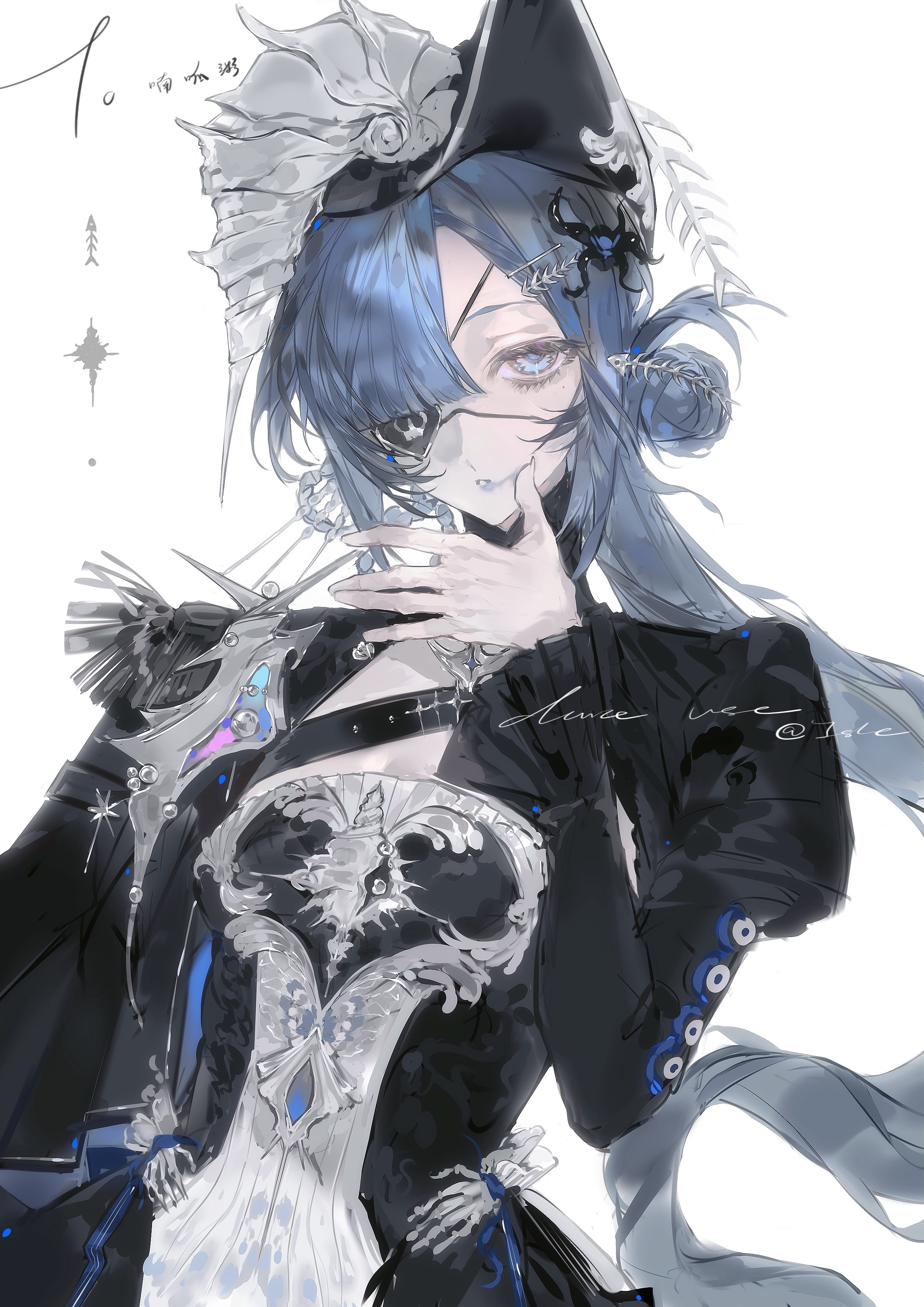 original, absurdres, highres, 1girl, belt, black dress, black hat, blue eyes, blue hair, blue lips, bone hair ornament, breasts, dress, eyepatch, fish skeleton hair ornament, fish skeleton print, hair bun, hair ornament, hand up, hat, heilanshuimuchu, jewelry, juliet sleeves, lips, long hair, long sleeves, looking at viewer, makeup, one eye covered, puffy sleeves, simple background, solo, upper body