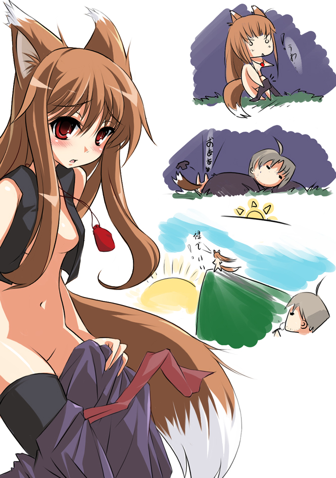 ideolo, craft lawrence, holo, spice and wolf, bad id, bad pixiv id, translation request, 00s, 1boy, 1girl, animal ears, brown hair, long hair, red eyes, tail, thighhighs, undressing, wolf ears, wolf tail