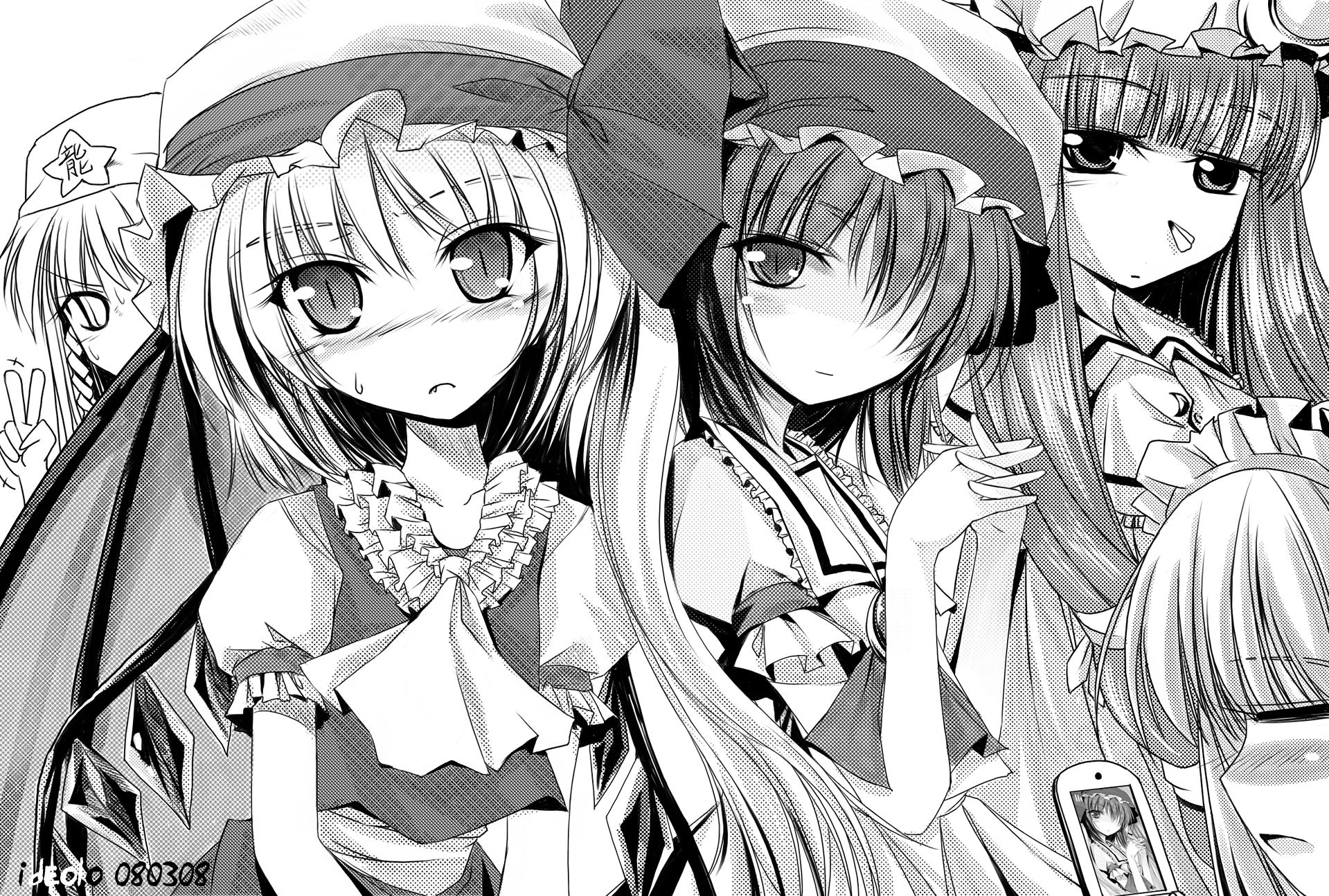 ideolo, flandre scarlet, hong meiling, izayoi sakuya, patchouli knowledge, remilia scarlet, embodiment of scarlet devil, touhou, highres, 5girls, female focus, greyscale, hat, monochrome, multiple girls, skirt, upper body, white background, wings
