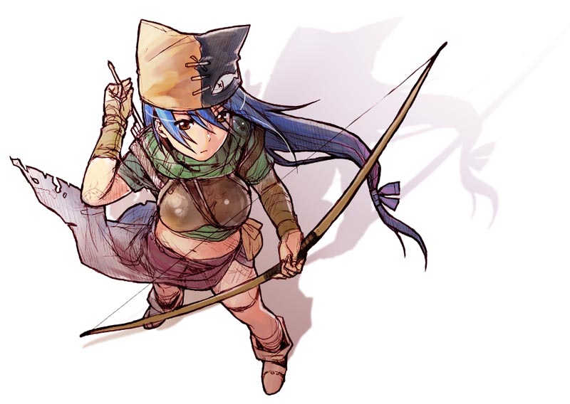 nekomata naomi, 1girl, animal ears, blue hair, boots, bow (weapon), breasts, female focus, solo, weapon, yellow eyes