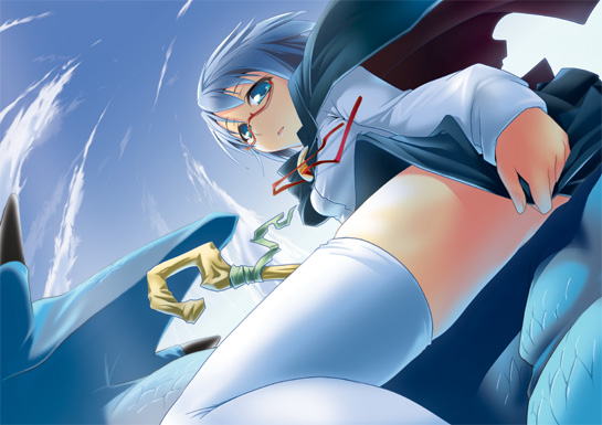 nilitsu, sylpheed, tabitha (zero no tsukaima), zero no tsukaima, 00s, 1girl, blue eyes, blue hair, cape, day, dragon, female focus, from below, glasses, red-framed eyewear, short hair, skirt, sky, solo, thighhighs, white thighhighs