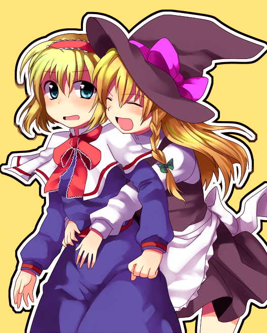 subaru (yachika), alice margatroid, kirisame marisa, touhou, 2girls, :d, apron, black dress, blonde hair, blue dress, blue eyes, blush, bow, bowtie, braid, closed eyes, cowboy shot, dress, female focus, from behind, hair ribbon, hairband, happy, hat, hug, hug from behind, long hair, multiple girls, open mouth, puffy short sleeves, puffy sleeves, ribbon, short hair, short sleeves, shy, simple background, single braid, smile, surprised, waist apron, witch hat, yellow background, yuri