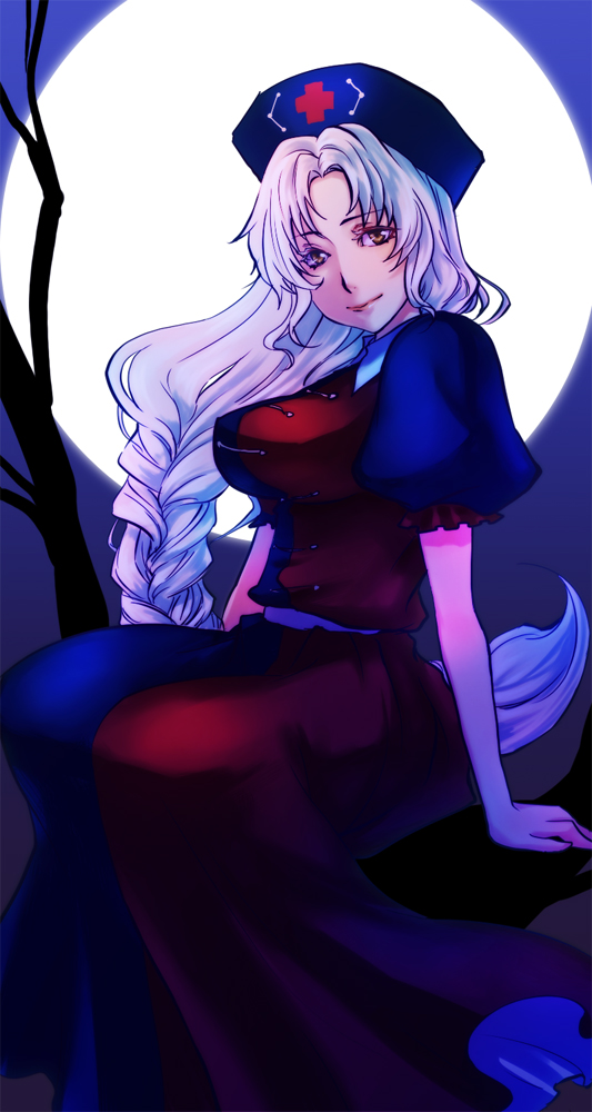 tamachi kuwa, yagokoro eirin, touhou, 1girl, belt, braid, branch, breasts, female focus, frills, full moon, hat, large breasts, long hair, looking at viewer, moon, nurse, nurse cap, solo, tree, white hair, yellow eyes