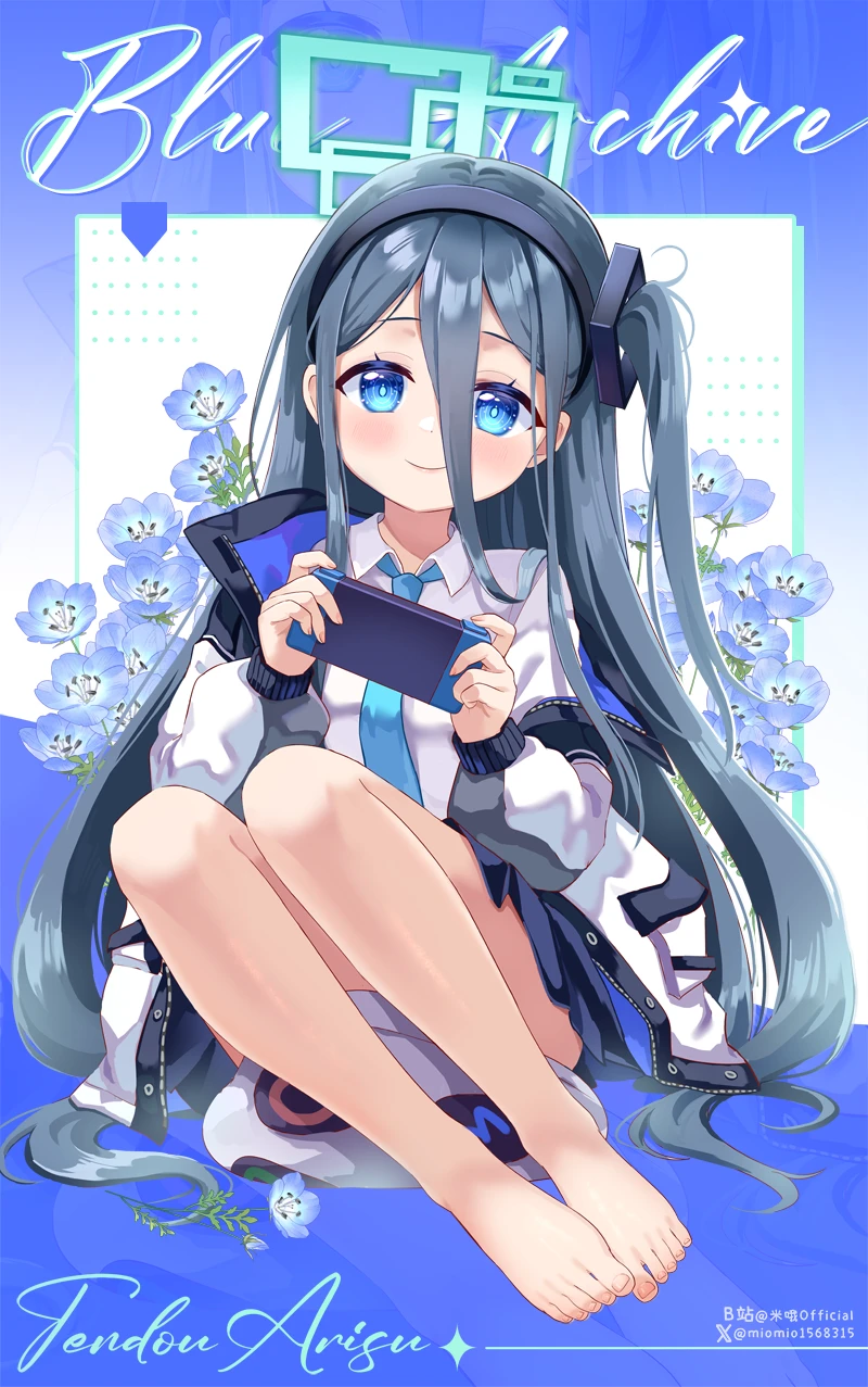 miomio1568315, aris (blue archive), blue archive, chinese commentary, commentary, highres, 1girl, aqua pupils, artist name, barefoot, bilibili username, black hairband, black jacket, black skirt, blue background, blue eyes, blue flower, blue hair, blue jacket, blue necktie, blush, breasts, bright pupils, character name, closed mouth, collared shirt, copyright name, double-parted bangs, flower, full body, hair between eyes, hairband, handheld game console, holding, holding handheld game console, jacket, knees up, legs together, long bangs, long hair, long hair between eyes, long sidelocks, long sleeves, looking at viewer, multicolored jacket, necktie, one side up, open clothes, open jacket, puffy long sleeves, puffy sleeves, ringed eyes, shirt, sidelocks, single off shoulder, sitting, skirt, small breasts, smile, solo, toenails, toes, twitter username, twitter x logo, two-sided fabric, two-sided jacket, unzipped, very long hair, white jacket, white shirt