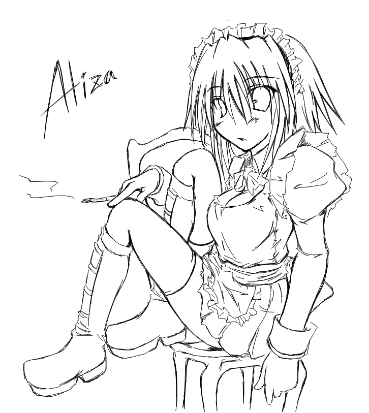 kaminagi (kaminagi-tei), aliza, ragnarok online, tagme, cigarette, greyscale, monochrome, smoking, solo, thighhighs