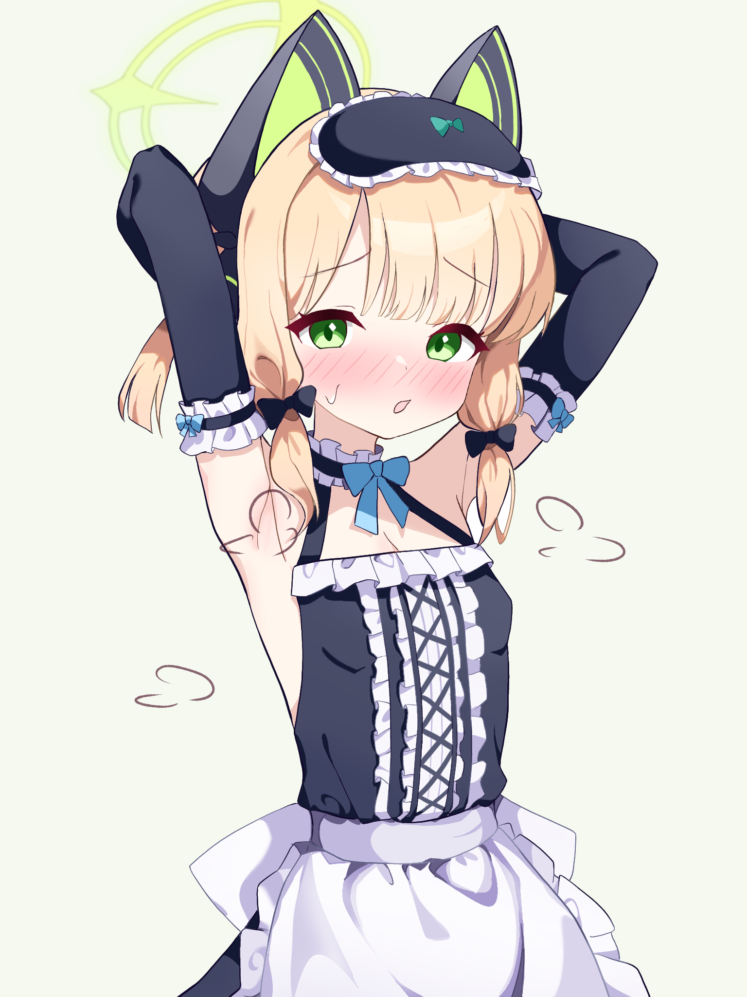 cardcat 00, midori (blue archive), blue archive, commentary, highres, 1girl, animal ear headphones, animal ears, apron, armpits, arms behind head, arms up, bare shoulders, black dress, black mask, black sleeves, blonde hair, blue bow, blush, bow, bowtie, breasts, cat ear headphones, cat ears, cowboy shot, detached sleeves, dress, fake animal ears, frills, gloves, green background, green bow, green eyes, green halo, hair bow, halo, headphones, looking at viewer, low-tied sidelocks, maid, maid apron, mask, open mouth, sidelocks, simple background, small breasts, solo, standing, sweatdrop, white apron