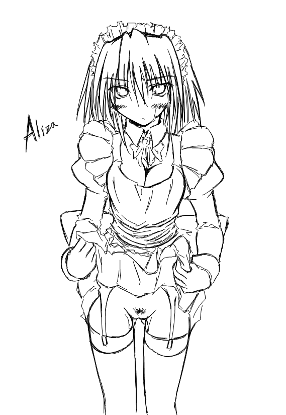 kaminagi (kaminagi-tei), aliza, ragnarok online, 1girl, breasts, female focus, female pubic hair, greyscale, maid, monochrome, pubic hair, pussy, solo, standing, thighhighs, uncensored, white background