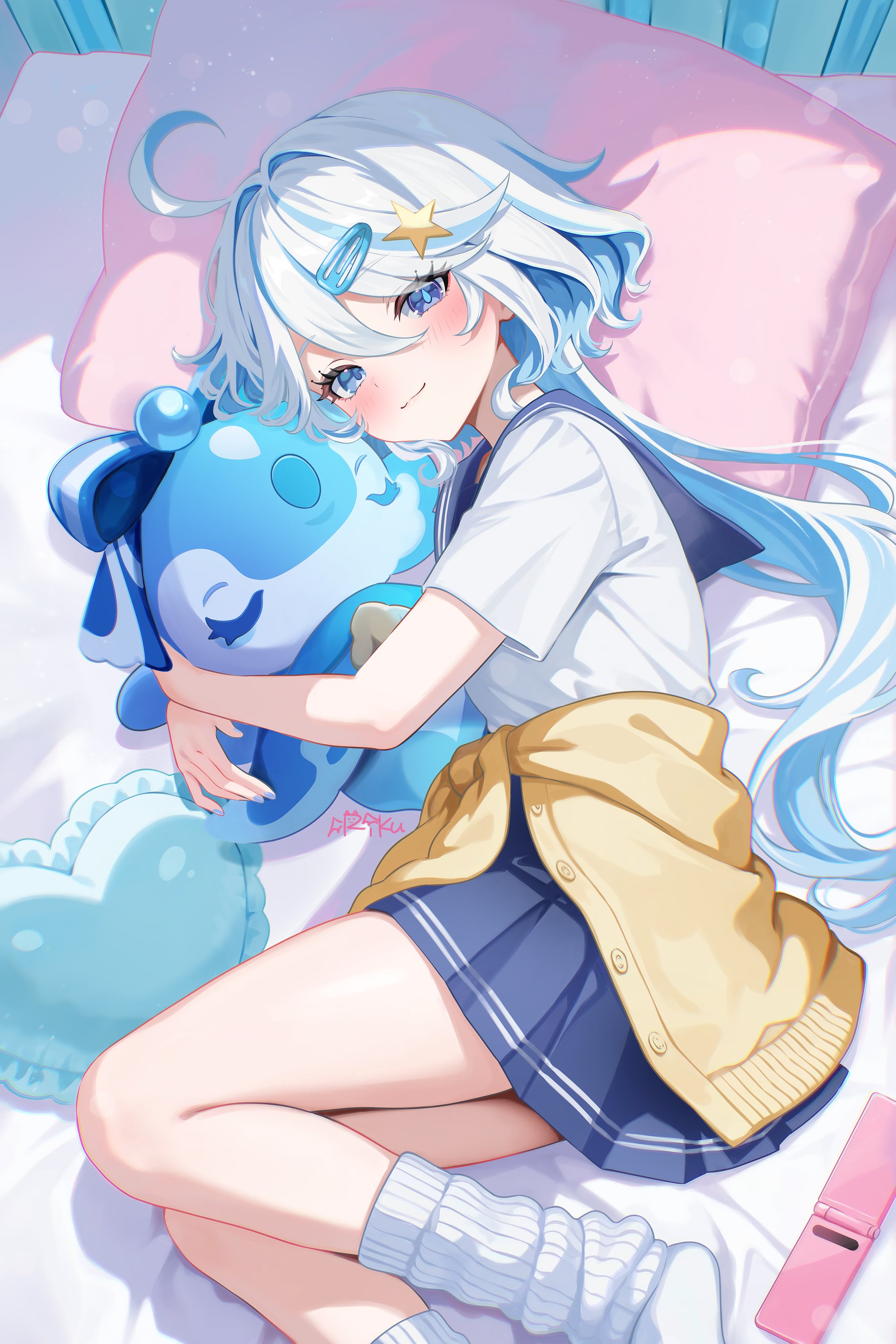 riku (rrr gns), furina (genshin impact), surintendante chevalmarin, genshin impact, absurdres, highres, 1girl, alternate costume, blue eyes, blue hair, blue sailor collar, blue skirt, blush, cardigan, cellphone, colored inner hair, cowlick, drop-shaped pupils, flip phone, from above, head on pillow, heterochromia, jacket, long hair, looking at viewer, loose socks, lying, multicolored hair, on bed, on side, phone, pillow, sailor collar, school uniform, shirt, skirt, smile, socks, solo, symbol-shaped pupils, tied jacket, wavy hair, white hair, white shirt, yellow cardigan