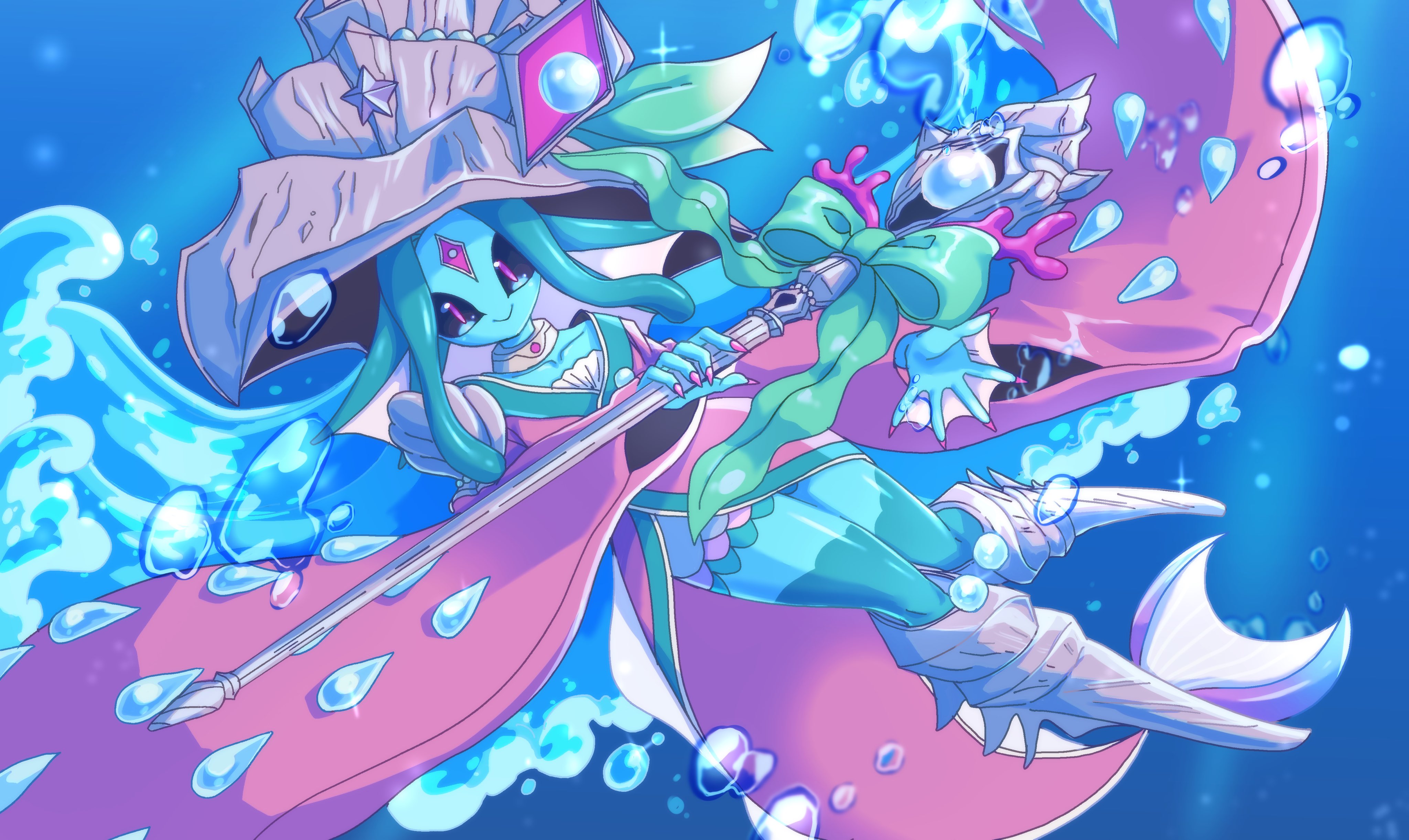 megane mochi, ariemon, digimon, digimon liberator, absurdres, highres, 1girl, air bubble, black sclera, blue background, blue hair, blue skin, bubble, colored sclera, colored skin, digimon (creature), holding, holding staff, japanese clothes, kimono, pink eyes, pink kimono, staff, underwater, webbed hands