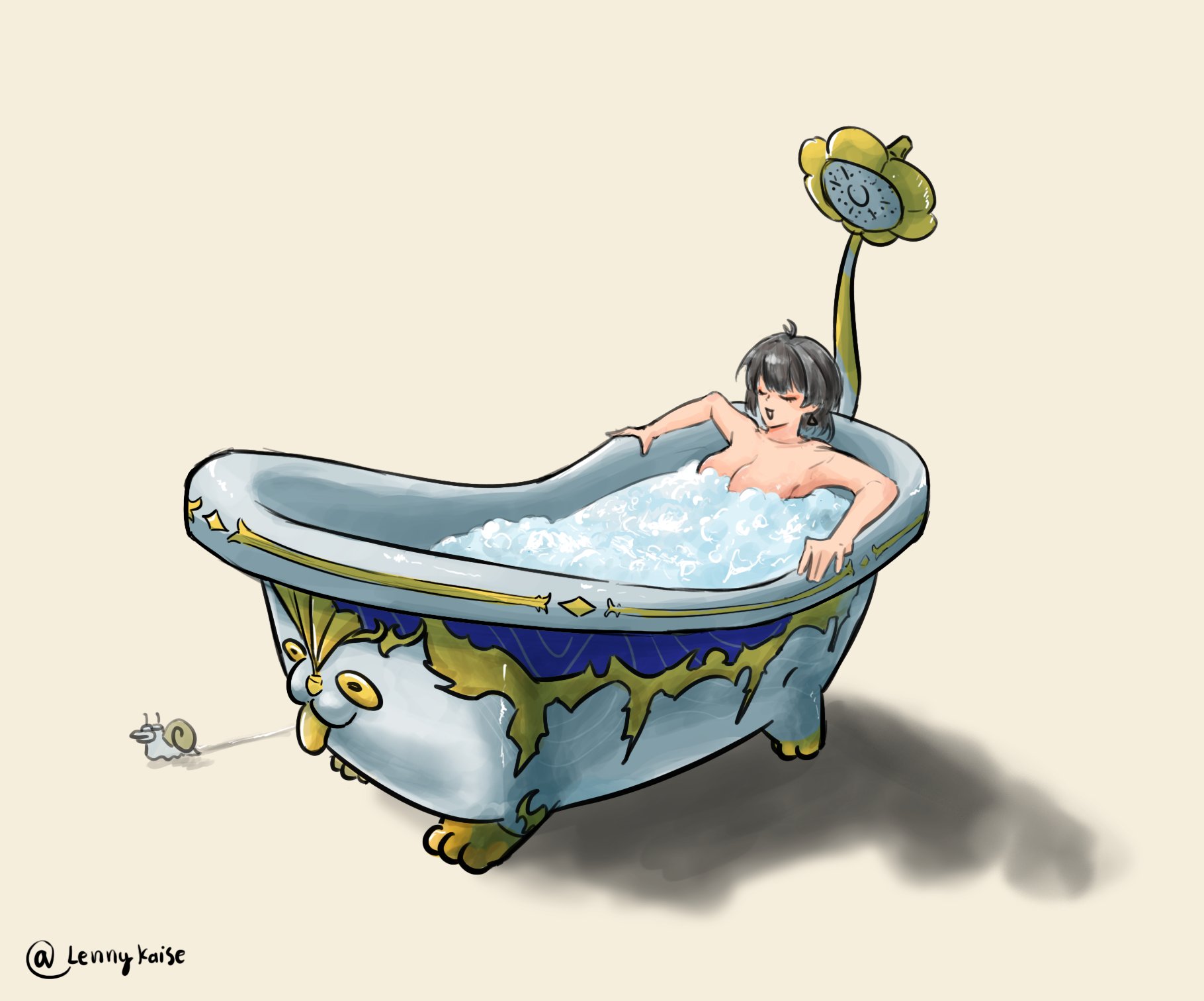 lennykaise, female rover (wuthering waves), rover (wuthering waves), wuthering waves, commentary, english commentary, highres, 1girl, bathing, black hair, breasts, closed mouth, collarbone, earrings, jewelry, medium breasts, open mouth, partially submerged, simple background, smile, snail, solo, tacet discord (wuthering waves), triangle earrings, tubpup (wuthering waves), twitter username, yellow background