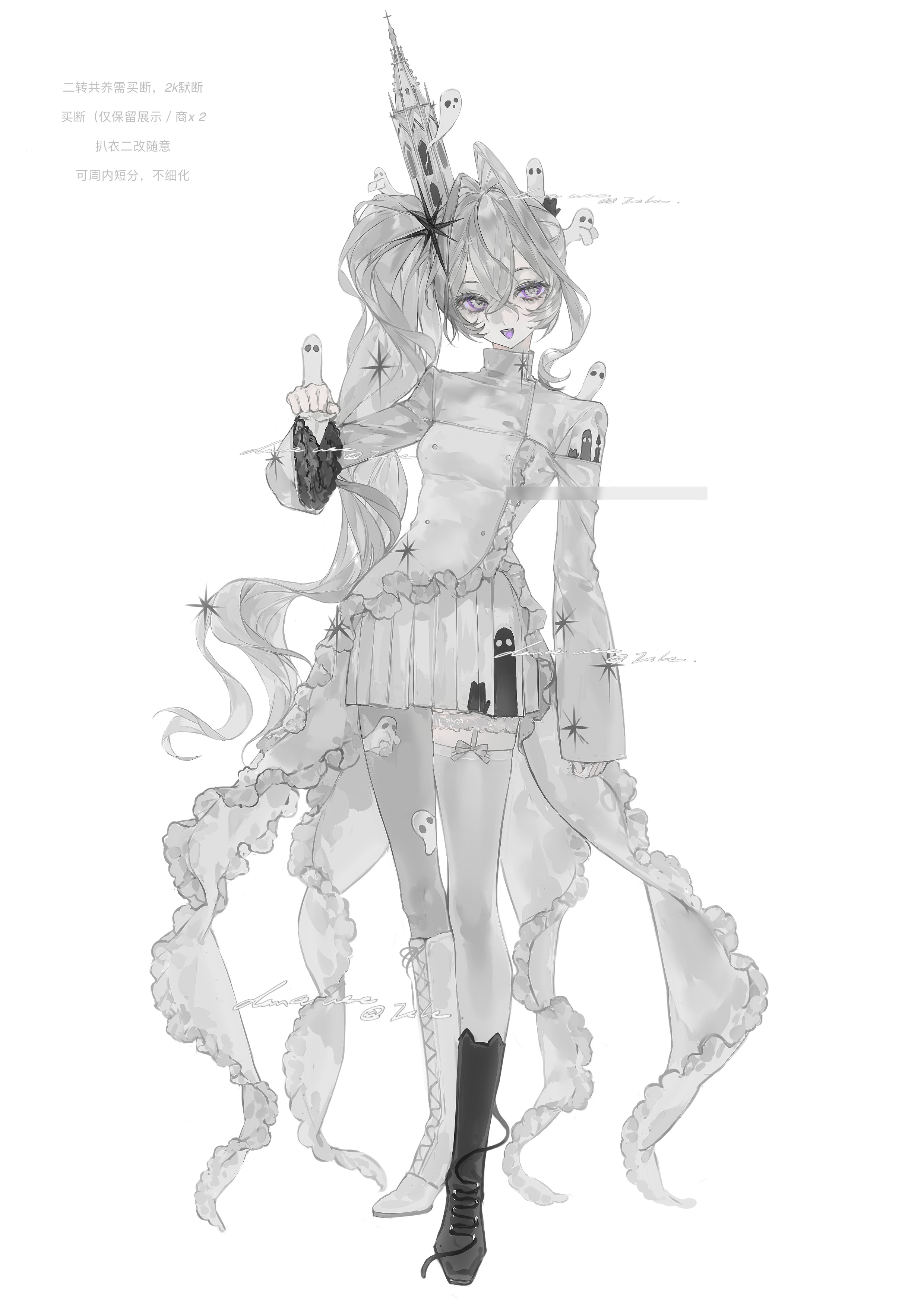 original, absurdres, highres, 1girl, black boots, boots, curly hair, dress, frills, full body, hair between eyes, hair intakes, hair ornament, heilanshuimuchu, lace-up boots, long hair, long sleeves, looking at viewer, open mouth, pleated skirt, puffy sleeves, purple eyes, side ponytail, simple background, skirt, sleeves past wrists, smile, solo, standing, thighhighs, very long hair, white boots, white dress