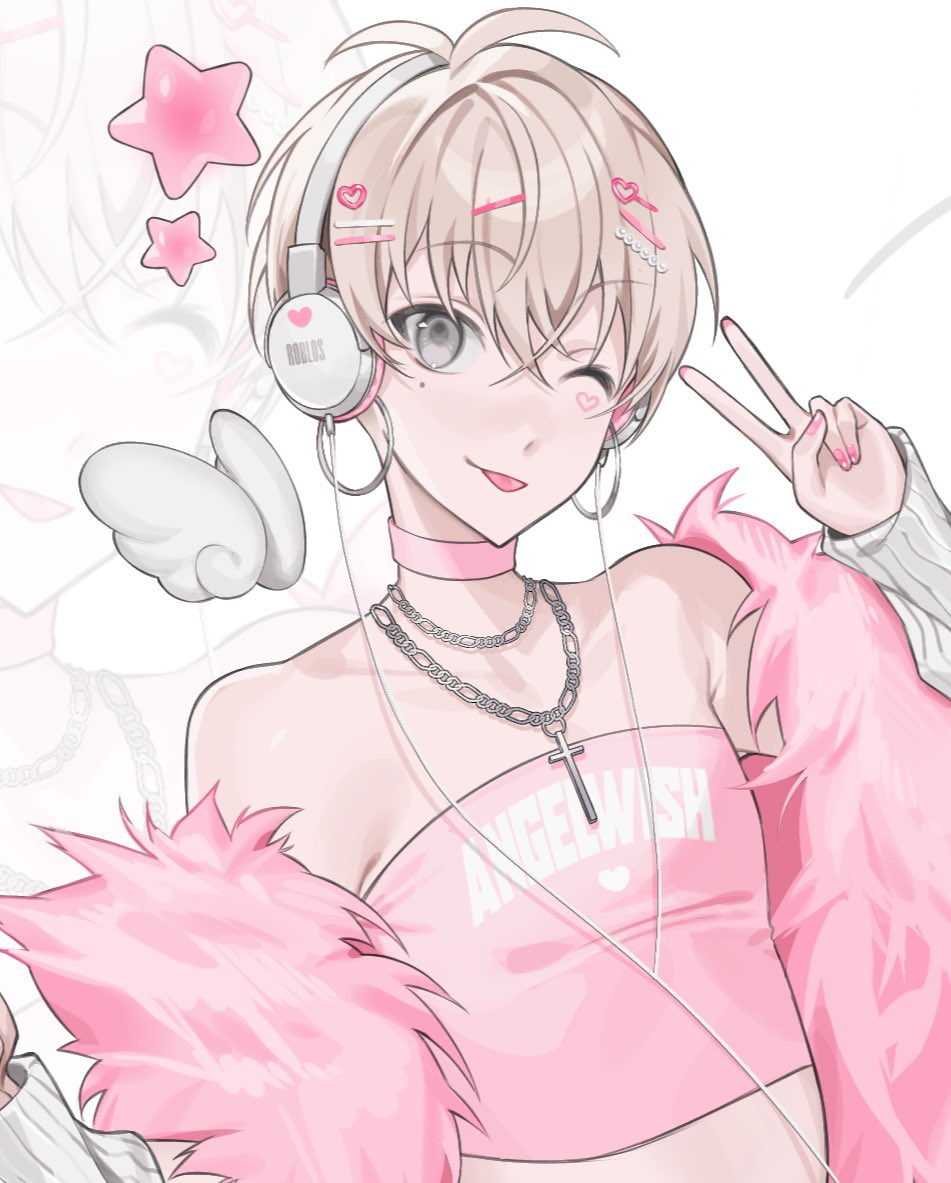 vorqcity, original, commentary, english commentary, 1boy, armpit crease, bare shoulders, blonde hair, choker, clothes writing, cross, cross necklace, crossed bangs, earrings, girly boy, grey eyes, hair between eyes, hair ornament, hairclip, hand up, headphones, hoop earrings, jewelry, looking at viewer, male focus, mole, mole under eye, nail polish, necklace, one eye closed, pink choker, pink nails, pink tube top, short hair, smile, star (symbol), strapless, tongue, tongue out, tube top, upper body, v, white background, zoom layer