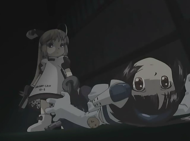 combat-san, hoihoi-san, ichigeki sacchuu!! hoihoi-san, 2girls, black eyes, black hair, blonde hair, blunt bangs, from behind, long sleeves, looking at viewer, looking back, lying, mecha musume, multiple girls, on back, robot ears, standing