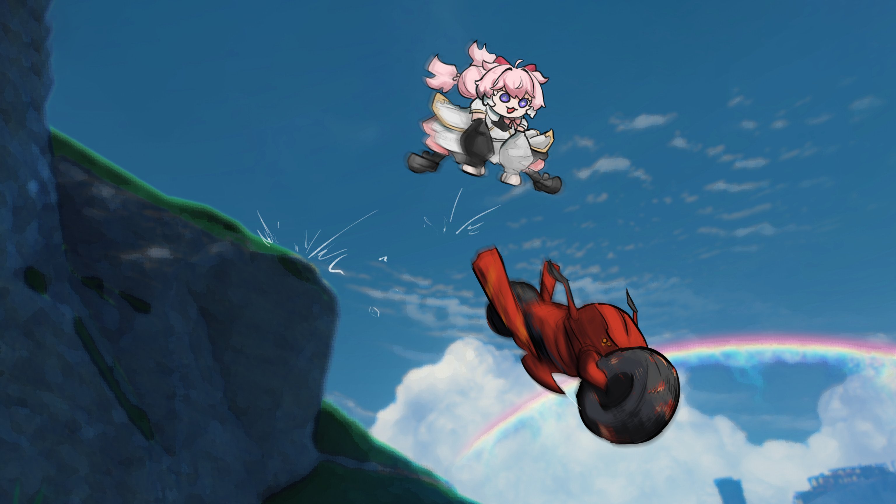 lennykaise, encore (wuthering waves), wuthering waves, commentary, english commentary, highres, blue sky, day, detached sleeves, dress, game screenshot background, motor vehicle, motorcycle, open mouth, outdoors, pink hair, purple eyes, rainbow, screenshot background, sky, smile, tacet discord (wuthering waves), white dress