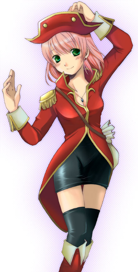 cannoneer, lenna charlotte tycoon, final fantasy, final fantasy v, uniform, 1990s (style), 1girl, blush, boots, breasts, cleavage, female focus, green eyes, hat, jacket, miniskirt, pencil skirt, pink hair, pirate, popped collar, red boots, red hat, retro artstyle, short hair, skirt, solo, split mouth, thighhighs, zettai ryouiki