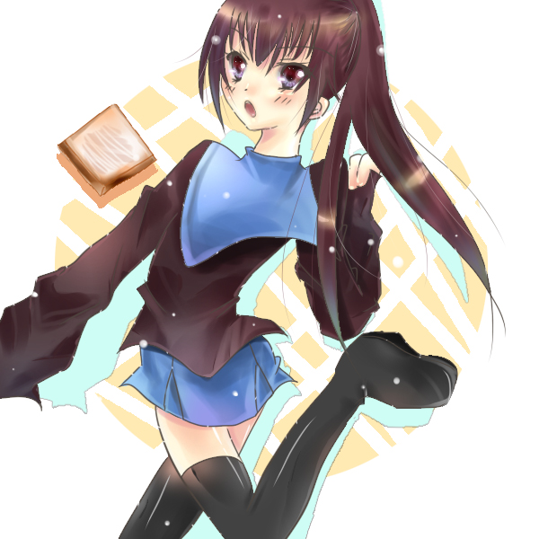 kyon, kyonko, suzumiya haruhi no yuuutsu, gender request, 00s, 1girl, bad anatomy, bread, bread slice, cardigan, female focus, food, genderswap, ponytail, poorly drawn, school uniform, serafuku, solo, thighhighs, toast, zettai ryouiki