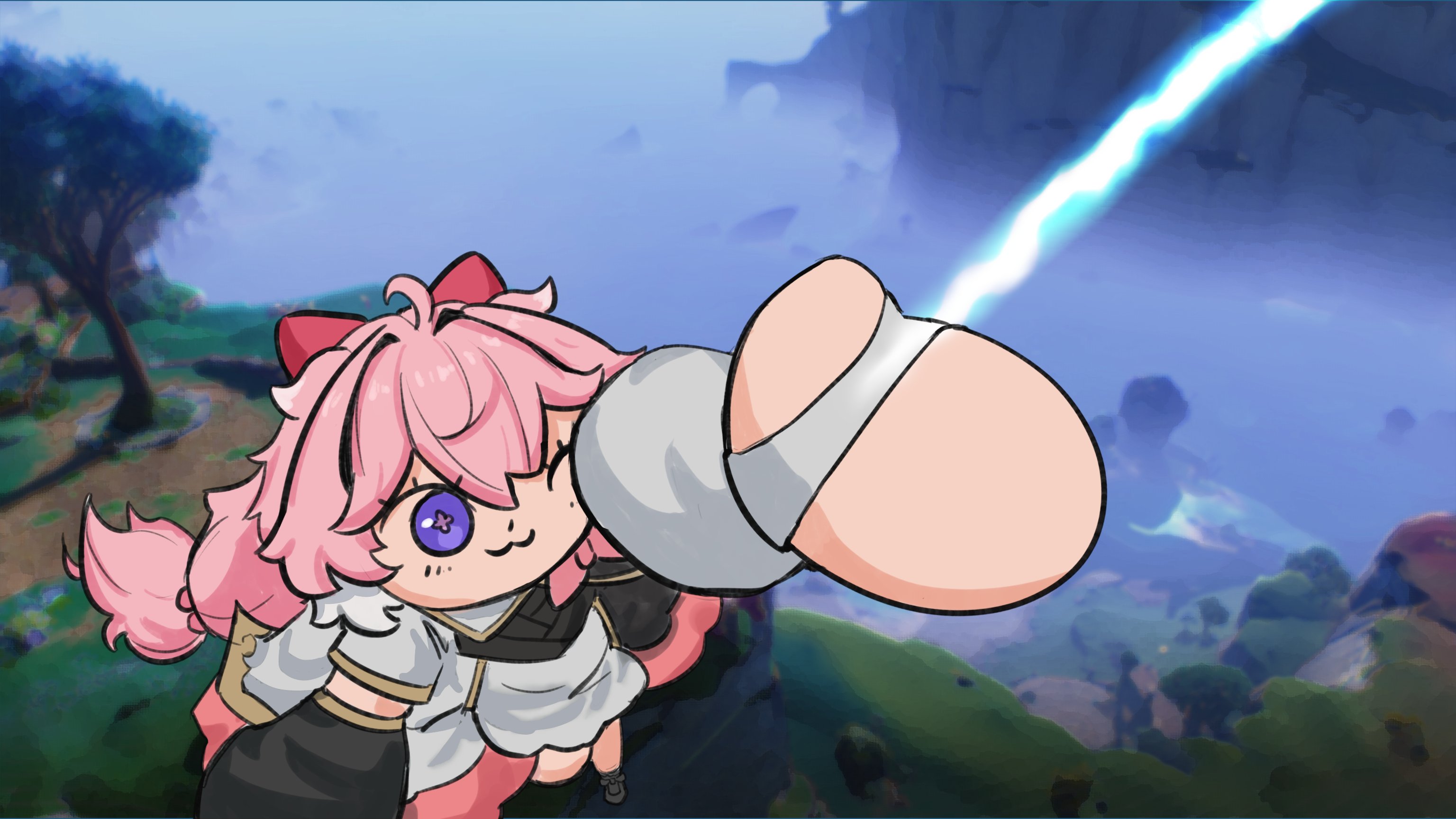 lennykaise, encore (wuthering waves), wuthering waves, commentary, english commentary, highres, 1girl, :3, bow, detached sleeves, dress, game screenshot background, grappling hook, hair bow, midair, one eye closed, pink bow, pink hair, pink pupils, purple eyes, screenshot background, solo, white dress