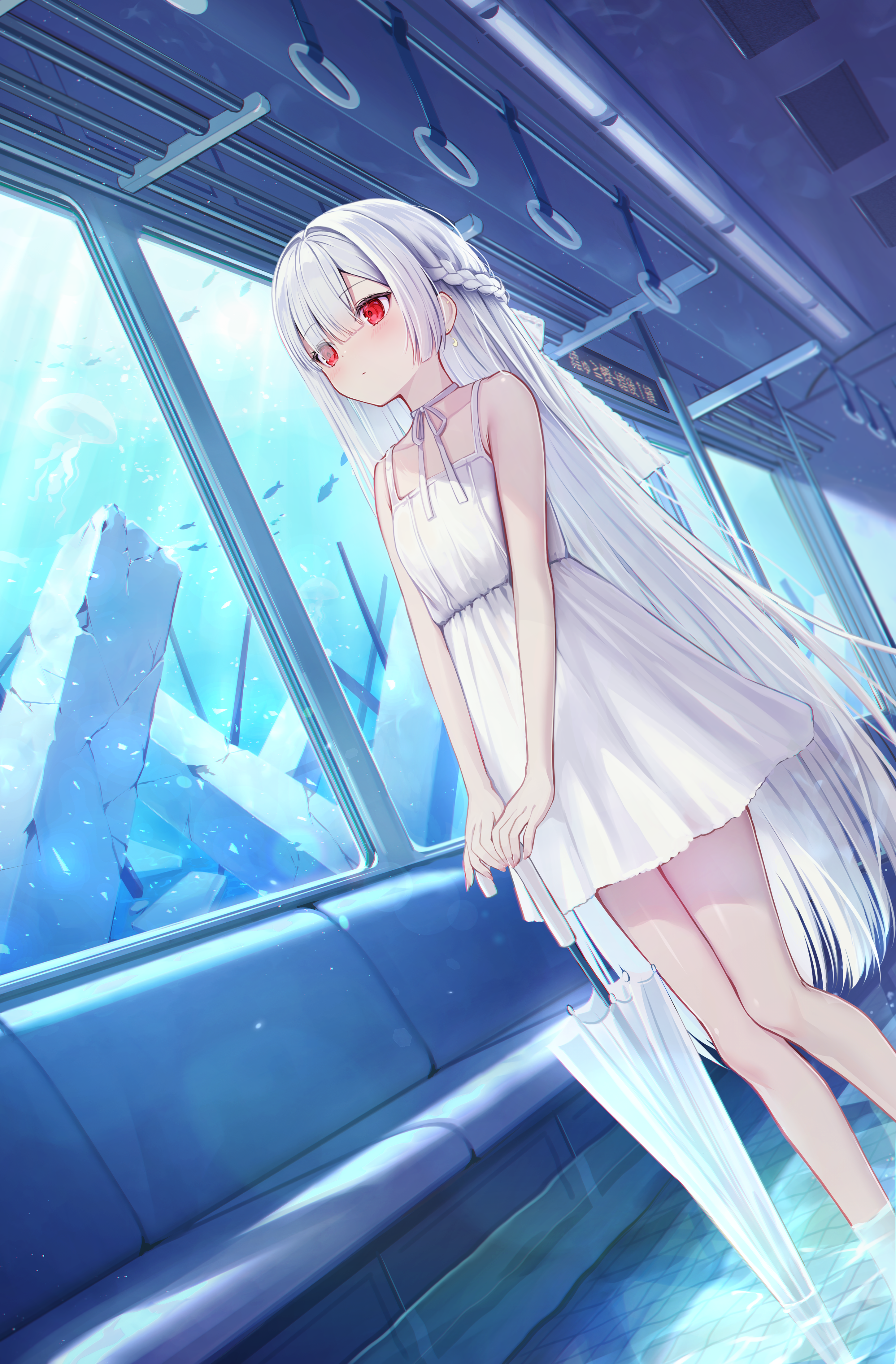 fuyoyo, original, absurdres, commentary request, highres, revision, 1girl, bare shoulders, blush, braid, breasts, closed mouth, collarbone, crescent, crescent earrings, dot mouth, dress, dutch angle, earrings, expressionless, eyes visible through hair, fish, hair between eyes, hand grip, holding, holding umbrella, jellyfish, jewelry, light particles, looking ahead, nail polish, neck ribbon, ocean, pink nails, red eyes, ribbon, ruins, short dress, side braid, small breasts, solo, spaghetti strap, standing, thighs, train interior, umbrella, underwater, wading, water, white dress, white hair, white ribbon, window