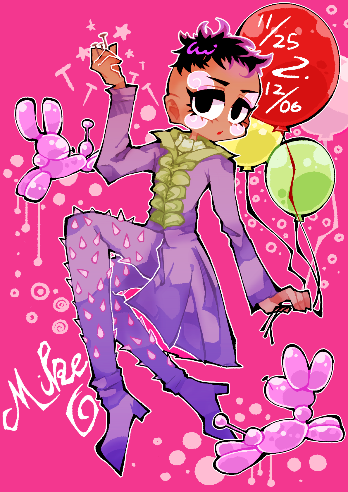 mike o., tubular bells (stand), jojo no kimyou na bouken, steel ball run, commentary request, highres, 1boy, balloon, balloon animal, black eyes, black hair, character name, coat, dark-skinned male, dark skin, dated, eyeshadow, facial mark, high heels, kokerata, long coat, long sleeves, makeup, male focus, pants, pink background, purple coat, purple pants, short hair, solo, spiked pants