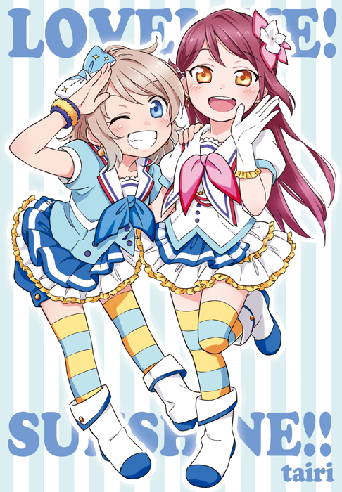 arata iri, sakurauchi riko, watanabe you, love live!, love live! sunshine!!, commentary request, 2girls, :d, ;d, aozora jumping heart, blue background, blue eyes, blue shirt, blue thighhighs, boots, brown hair, colored shoe soles, frilled skirt, frills, full body, gloves, grin, layered skirt, leaning forward, leg up, long hair, looking at viewer, miniskirt, multiple girls, official alternate costume, one eye closed, open mouth, orange eyes, puffy short sleeves, puffy sleeves, red hair, sailor collar, sailor shirt, salute, shirt, short hair, short sleeves, skirt, smile, standing, standing on one leg, striped background, striped clothes, striped thighhighs, teeth, thighhighs, two-tone thighhighs, upper teeth only, vertical-striped background, white boots, white gloves, white sailor collar, white shirt, white skirt, yellow thighhighs