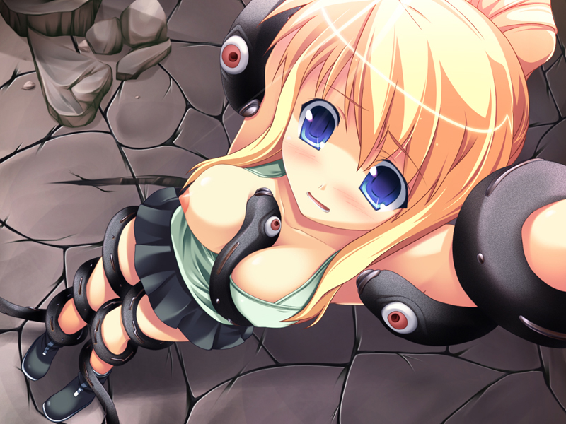 magicalmushroom, winry rockbell, fullmetal alchemist, 00s, 1girl, between breasts, blonde hair, blue eyes, blush, boots, breasts, dutch angle, female focus, from above, miniskirt, nipple slip, nipples, no bra, ponytail, rape, restrained, skirt, solo, tentacles