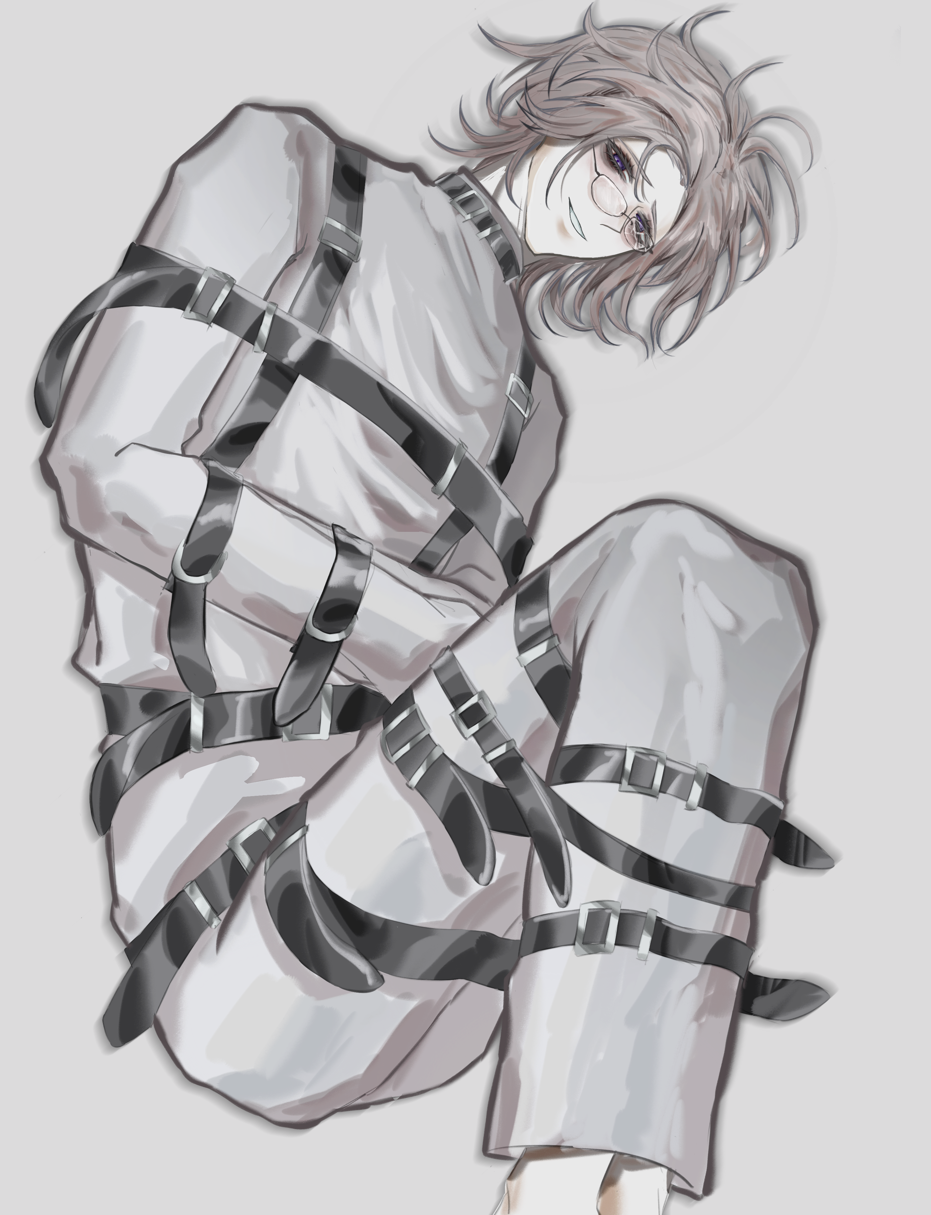 aotsuki eito, the hundred line -last defense academy-, absurdres, chinese commentary, commentary request, highres, translation request, 1boy, bound, bound arms, bound legs, broken eyewear, chinese text, colored speech bubble, feet out of frame, glasses, grey hair, grin, h772950570, half-closed eyes, heart, looking at viewer, lying, male focus, on side, purple eyes, short hair, smile, solo, speech bubble, spoken heart, straitjacket, white background