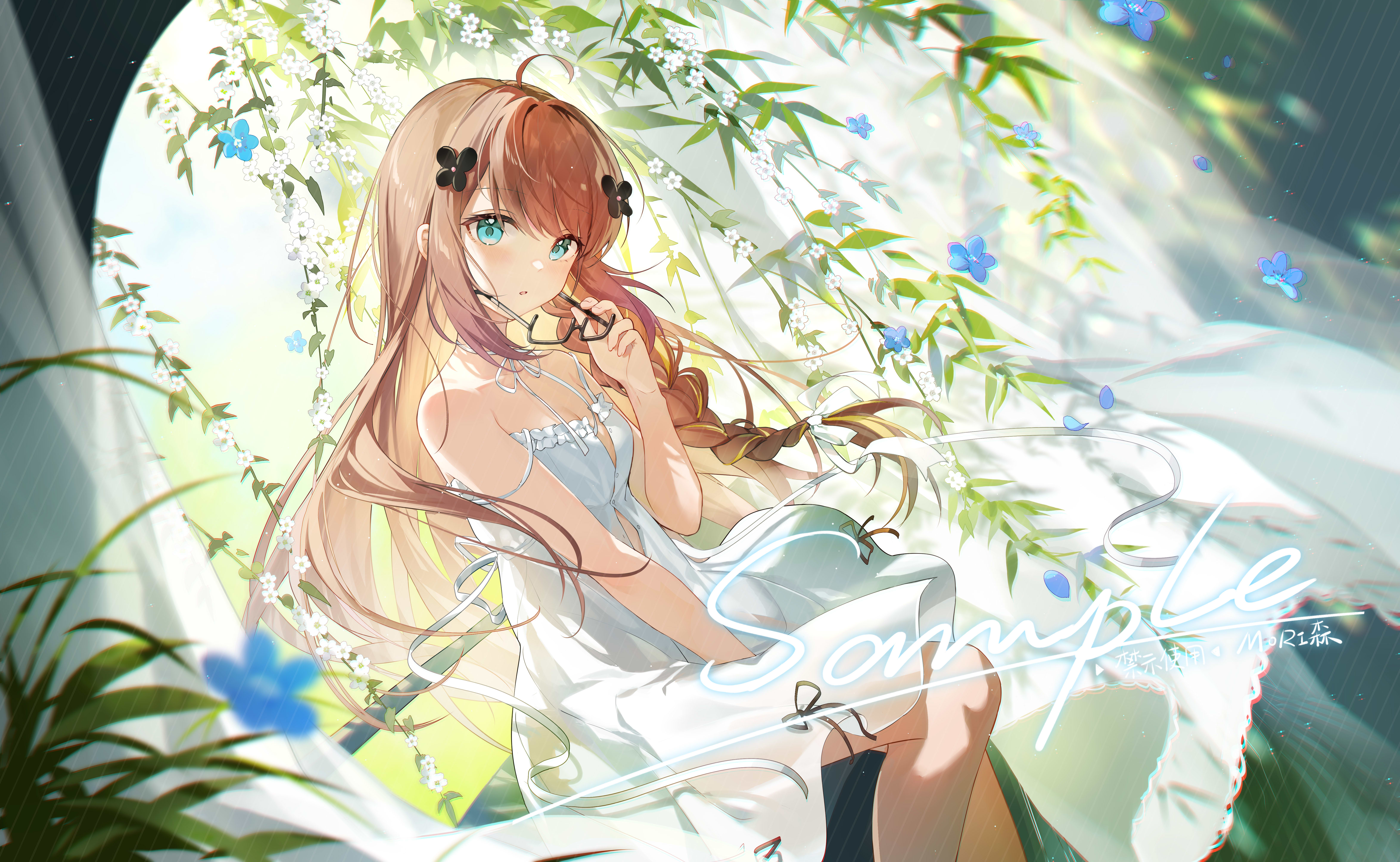 morimori (14292311), original, absurdres, commentary, highres, 1girl, ahoge, bare arms, bare shoulders, blurry, blurry background, blush, braid, breasts, brown hair, cleavage, closed mouth, dress, feet out of frame, green eyes, hair between eyes, hair ornament, hand up, leaf, long hair, looking at viewer, outdoors, parted lips, plant, sample watermark, single braid, sitting, sleeveless, sleeveless dress, solo, watermark, white dress