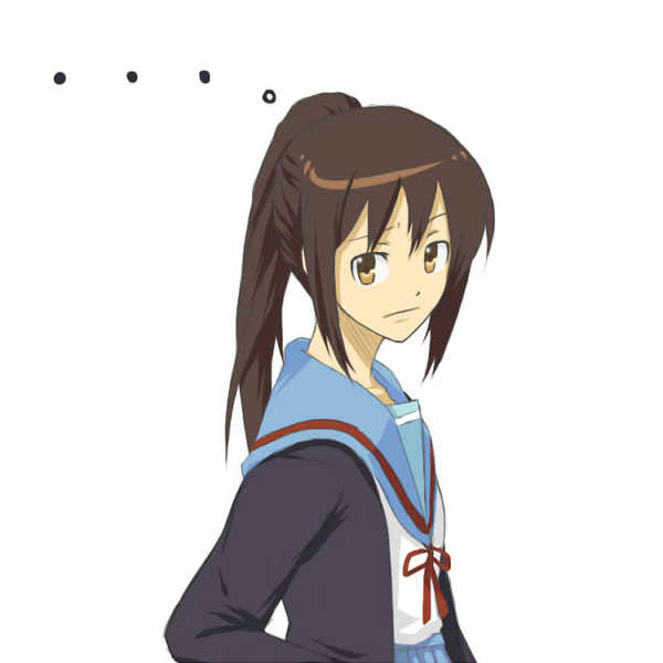 kyon, kyonko, suzumiya haruhi no yuuutsu, gender request, 00s, 1girl, cardigan, female focus, genderswap, ponytail, school uniform, serafuku, simple background, solo