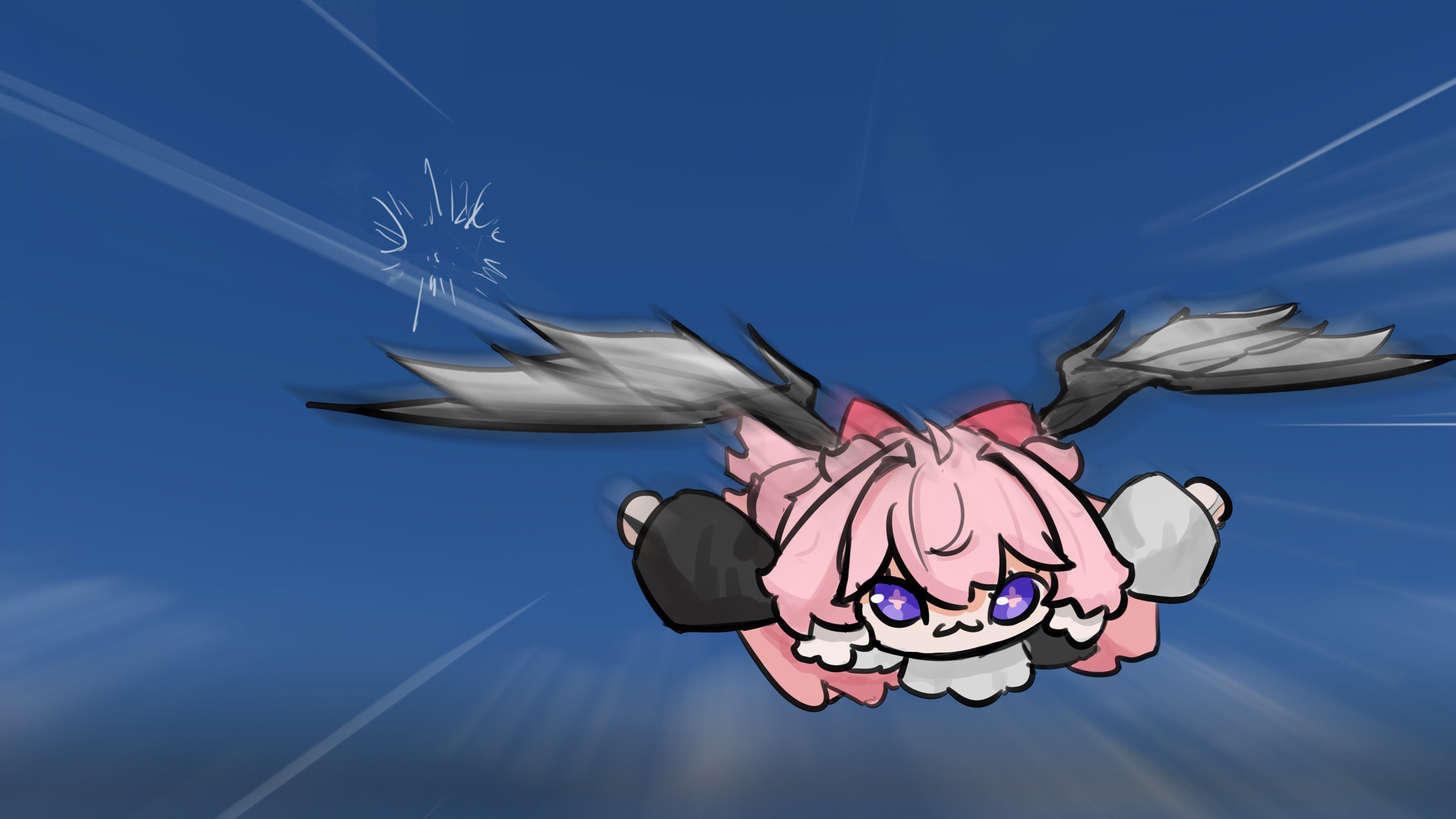 lennykaise, encore (wuthering waves), wuthering waves, commentary, english commentary, highres, 1girl, :3, looking ahead, motion blur, motion lines, pink hair, purple eyes, solo, speed lines, wind glider, wings