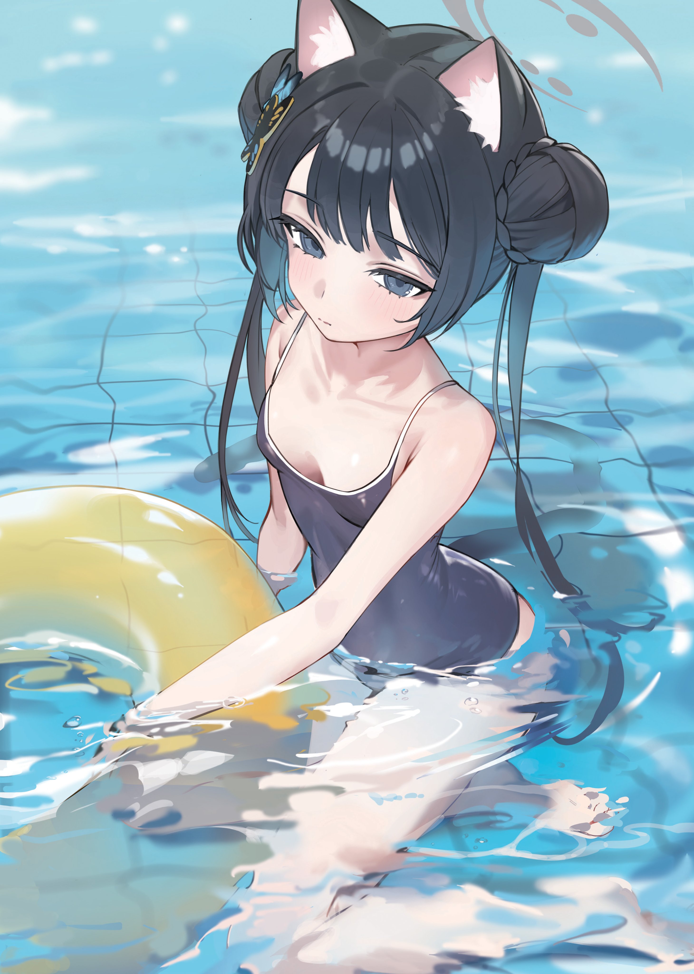 yo owl, kisaki (blue archive), blue archive, absurdres, highres, 1girl, alternate costume, animal ears, bare legs, black hair, blue one-piece swimsuit, braid, braided bun, breasts, butterfly hair ornament, cat ears, cat girl, cat tail, cleavage, double bun, expressionless, grey eyes, grey halo, hair bun, hair ornament, halo, holding, holding swim ring, innertube, one-piece swimsuit, partially submerged, pool, small breasts, solo, swim ring, swimsuit, tail, twintails, yellow innertube