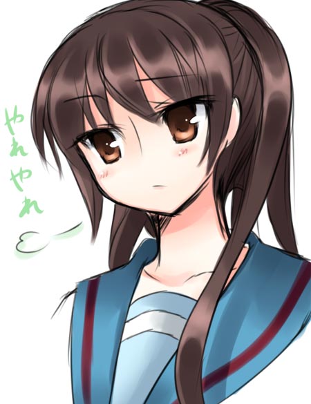 kyon, kyonko, suzumiya haruhi no yuuutsu, gender request, non-web source, 00s, 1girl, female focus, genderswap, ponytail, school uniform, serafuku, simple background, solo