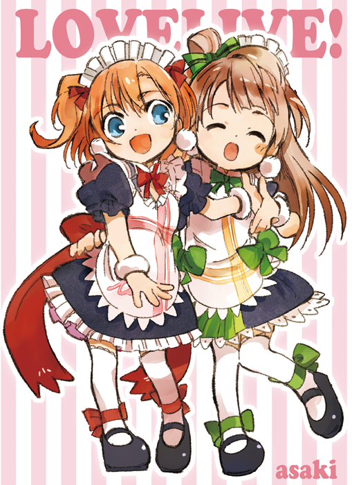 arata iri, kosaka honoka, minami kotori, love live!, love live! school idol project, mogyutto "love" de sekkin chuu!, commentary request, 2girls, :d, ^ ^, apron, black dress, black shoes, blue eyes, blush, bow, bowtie, brown hair, closed eyes, dress, frilled dress, frills, full body, green bow, green bowtie, hair bow, hair rings, long hair, looking at another, maid, maid apron, maid headdress, mary janes, medium hair, multiple girls, one side up, open mouth, orange hair, pink background, puffy short sleeves, puffy sleeves, red bow, red bowtie, shoes, short sleeves, single hair ring, smile, standing, standing on one leg, striped background, thighhighs, vertical-striped background, white apron, white thighhighs