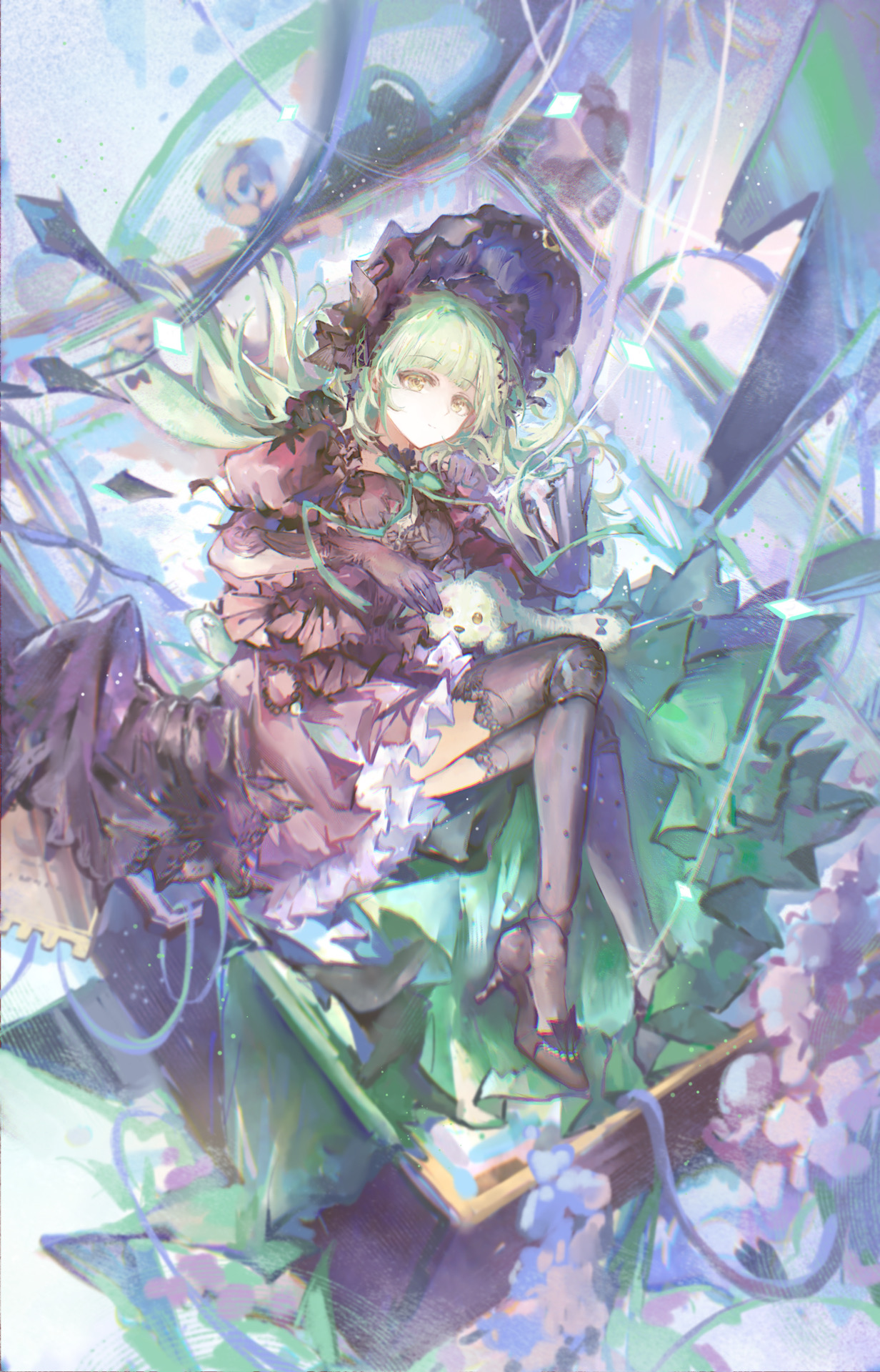 luoxi, wakaba mutsumi, arknights, bang dream!, bang dream! it's mygo!!!!!, chinese commentary, commentary request, highres, 1girl, animal ears, asymmetrical sleeves, black bonnet, black dress, black shoes, black thighhighs, blunt bangs, bonnet, closed mouth, dress, expressionless, floppy ears, full body, gothic lolita, green hair, hair ornament, high heels, holding, holding stuffed toy, lolita fashion, long hair, long sleeves, looking at viewer, official alternate costume, picture frame, rabbit ears, rabbit girl, shoes, sidelocks, sitting, solo, stuffed animal, stuffed rabbit, stuffed toy, thighhighs, wakaba mutsumi (marionette's id), x hair ornament, yellow eyes