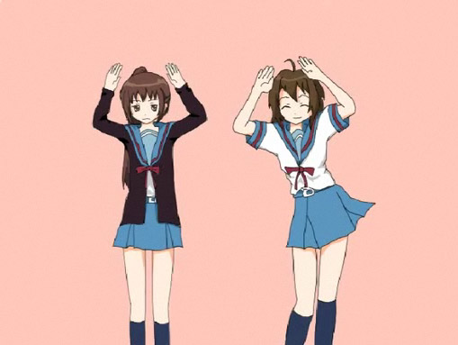 koizumi itsuki, koizumi itsuki (female), kyon, kyonko, suzumiya haruhi no yuuutsu, blue legwear, gender request, 00s, 2girls, arms up, blue skirt, brown eyes, brown hair, caramelldansen, dancing, genderswap, kneehighs, long sleeves, looking at viewer, multiple girls, multiple seasonal school uniforms, pink background, ponytail, sailor collar, school uniform, serafuku, shirt, simple background, skirt, socks, white shirt