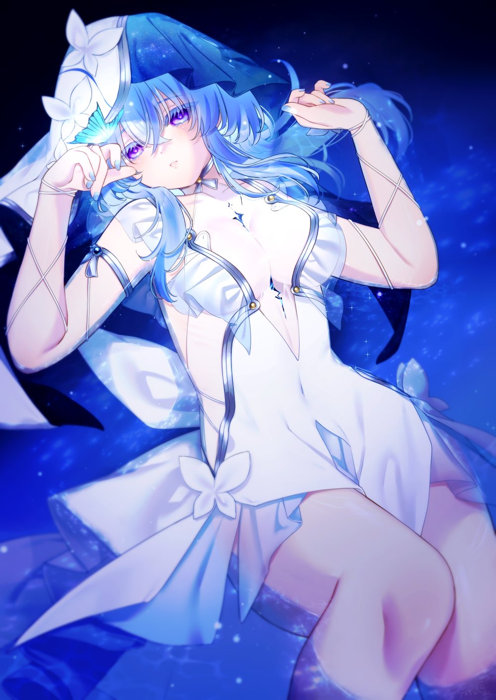 omochioip, shorekeeper (wuthering waves), wuthering waves, commentary, highres, symbol-only commentary, 1girl, armlet, blue butterfly, blue hair, blue nails, blue veil, blush, breasts, bug, butterfly, butterfly on hand, dress, fingernails, hair between eyes, hands up, insect, jewelry, long hair, looking at viewer, lying, medium breasts, nail polish, on back, parted lips, sleeveless, sleeveless dress, solo, two-tone veil, veil, white dress, white veil