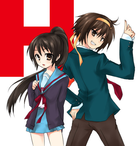 kyon, kyonko, suzumiya haruhi, suzumiya haruhiko, suzumiya haruhi no yuuutsu, lowres, 00s, 1boy, 1girl, cardigan, genderswap, genderswap (ftm), genderswap (mtf), ponytail, school uniform, serafuku