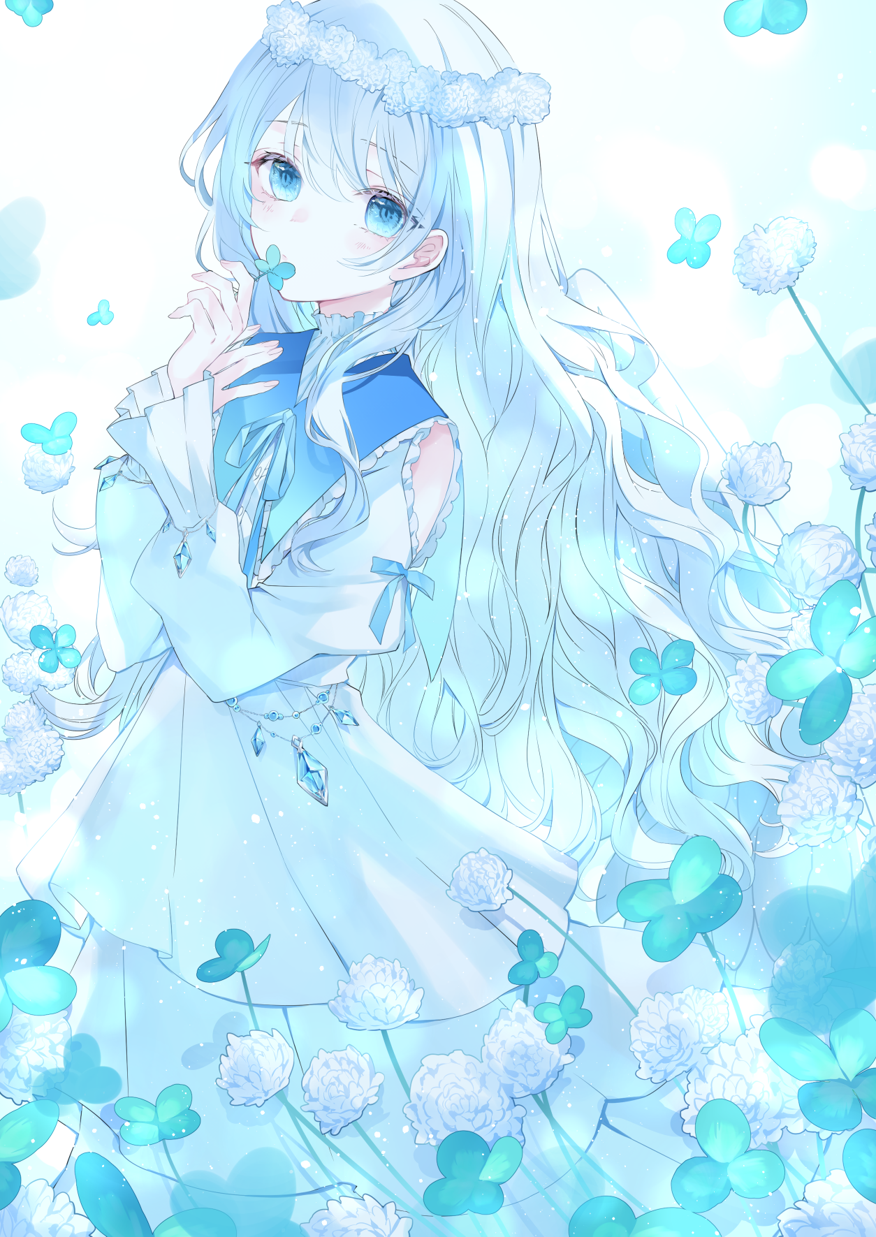 motimoti067, original, commentary request, highres, 1girl, blue eyes, blue hair, blue ribbon, blue theme, clothing cutout, clover, dress, flower, four-leaf clover, holding, long hair, long sleeves, looking at viewer, neck ribbon, ribbon, shoulder cutout, solo, white dress, white flower