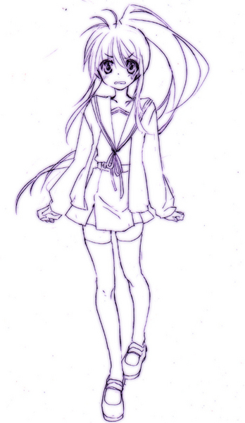 kyon, kyonko, suzumiya haruhi no yuuutsu, 00s, 1girl, female focus, flat chest, full body, genderswap, genderswap (mtf), ponytail, school uniform, serafuku, simple background, solo, thighhighs