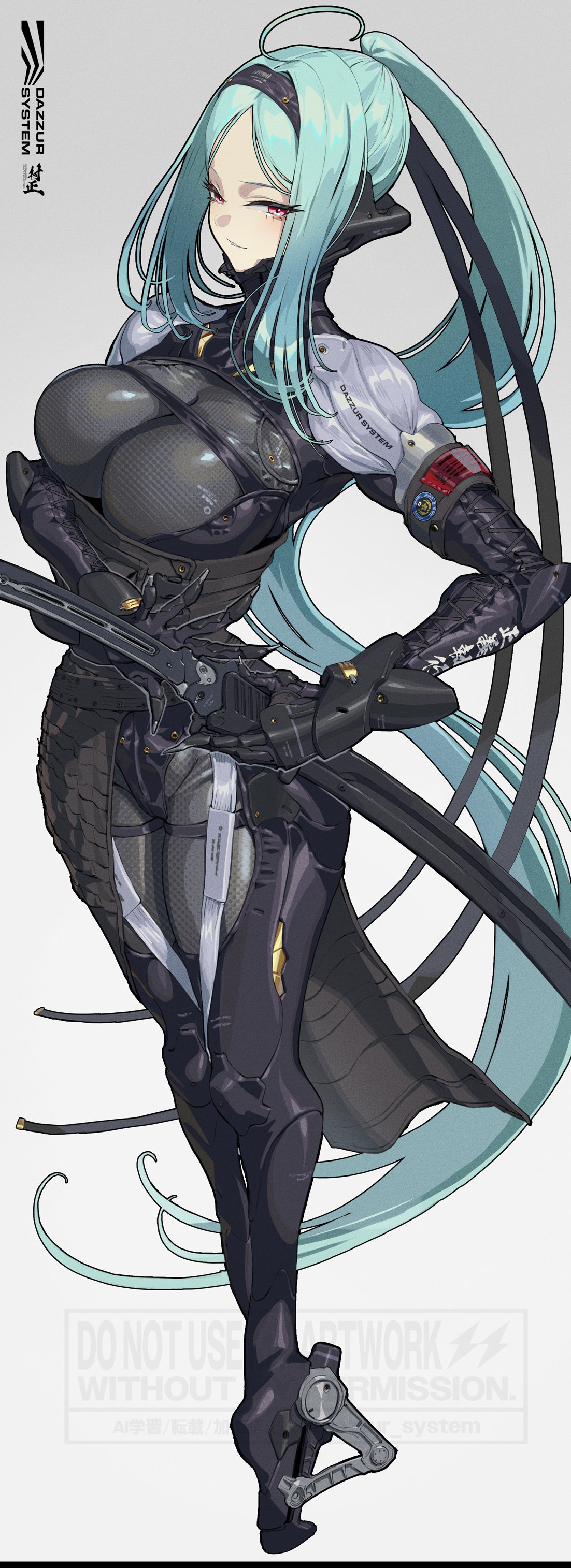 dazzur (dazzur system), original, absurdres, commentary, highres, 1girl, ahoge, aqua hair, black bodysuit, black hairband, bodysuit, breasts, cyborg, full body, gradient background, grey background, hairband, high ponytail, holding, holding sword, holding weapon, impossible clothes, katana, large breasts, long hair, looking at viewer, parted bangs, ponytail, red eyes, sheath, sheathed, sidelocks, skin tight, smile, solo, standing, sword, very long hair, watermark, weapon, white background