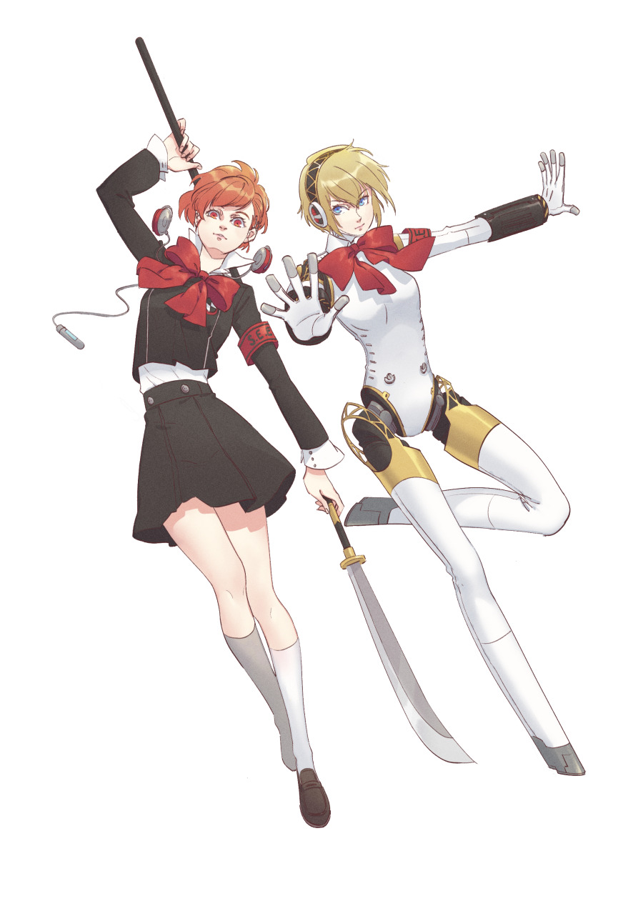 aigis (persona), shiomi kotone, persona, persona 3, persona 3 portable, highres, 2girls, armband, black skirt, blonde hair, blue eyes, bow, bowtie, full body, gekkoukan high school uniform, glaive (polearm), headset, holding, holding polearm, holding weapon, kneehighs, looking at viewer, mechanical legs, multiple girls, polearm, red bow, red bowtie, red eyes, red hair, robot girl, school uniform, short hair, simple background, skirt, socks, weapon, white background, white socks, zeddfro