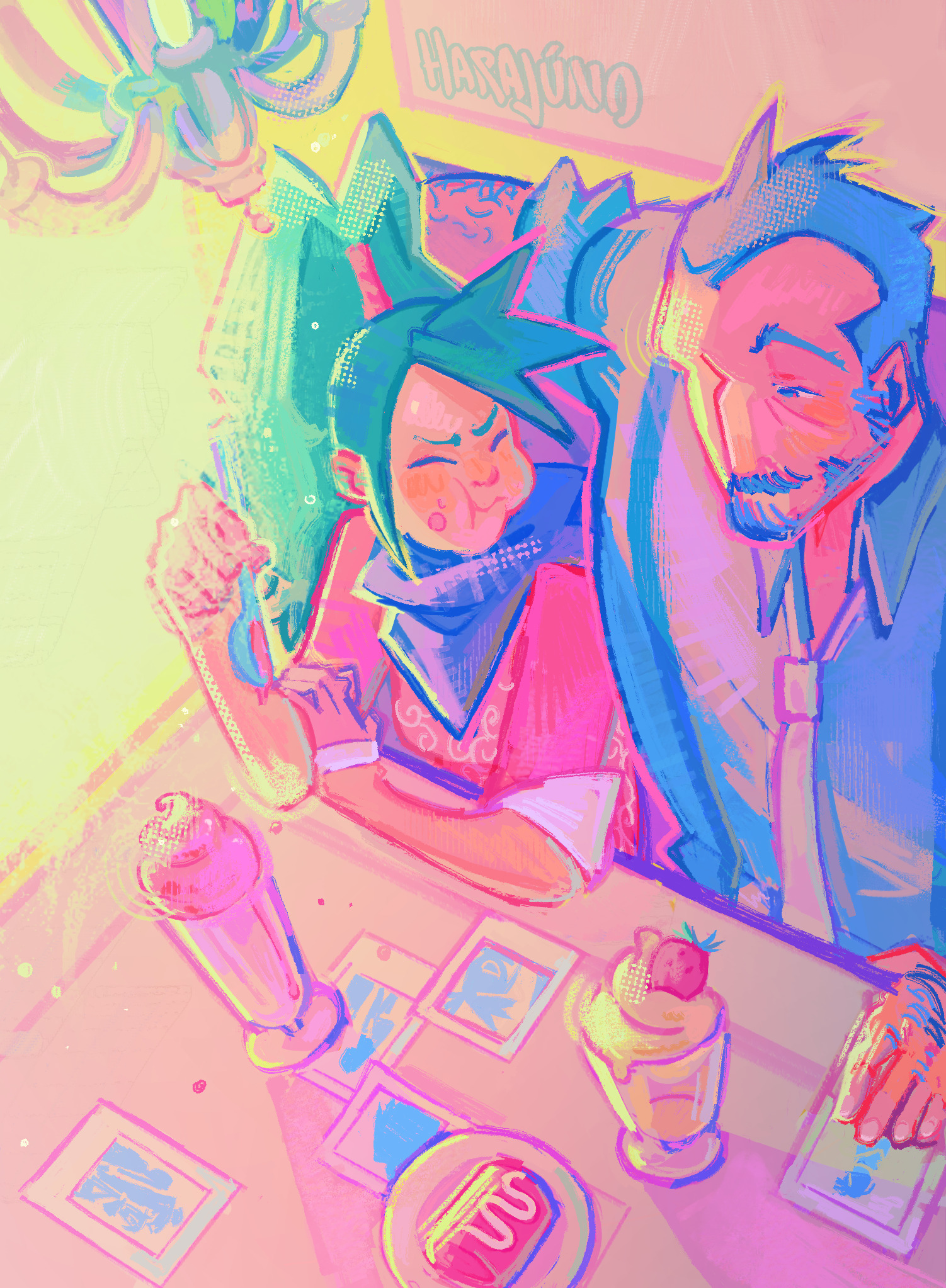 kay faraday, tyrell badd, ace attorney, ace attorney investigations, commentary, english commentary, highres, 1boy, 1girl, arm around shoulder, artist name, bandana, bandana around neck, beard, eating, facial hair, food, food on face, hand hair, harajuno, holding, holding spoon, indoors, long sideburns, mustache, necktie, parfait, photo (object), pink shirt, plate, shirt, sideburns, sitting, smile, spoon, strawberry parfait