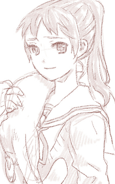 kyon, kyonko, suzumiya haruhi no yuuutsu, gender request, 00s, 1girl, animal, blush, cat, closed mouth, female focus, genderswap, long hair, looking at viewer, over shoulder, ponytail, school uniform, serafuku, simple background, smile, solo, upper body, white background