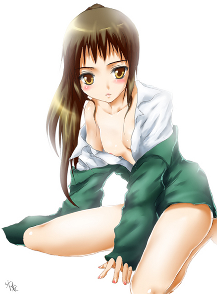 kyon, kyonko, suzumiya haruhi no yuuutsu, 00s, 1girl, blouse, blush, breasts, crossdressing, crossdressing (ftm), female focus, genderswap, genderswap (mtf), medium breasts, nipple slip, nipples, open clothes, open shirt, ponytail, shirt, simple background, solo, white shirt